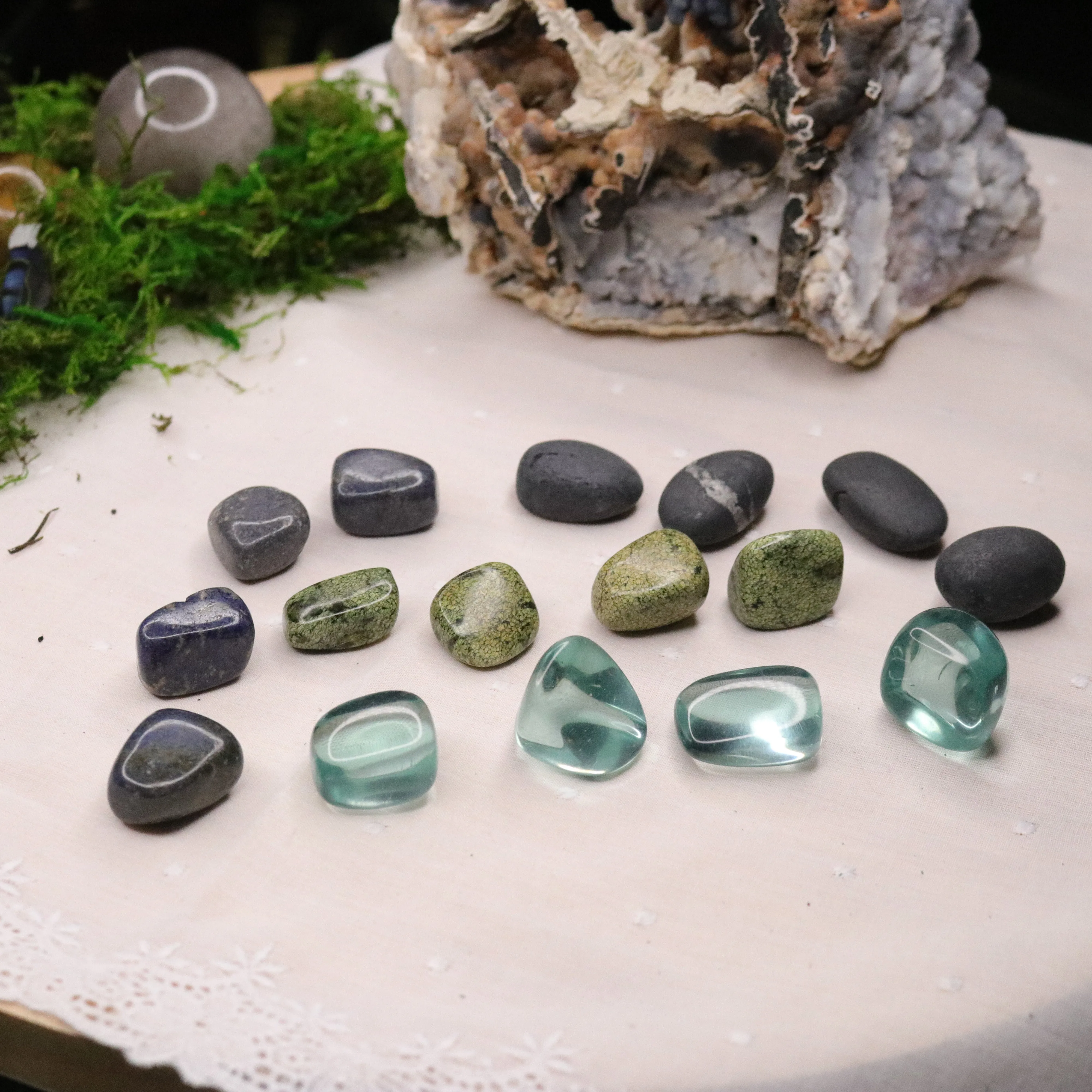 16 Pieces Tumbled Crystal Set ~ Dumortierite, Asterite Serpentine, Shungite and Aqua Blue Obsidian ~