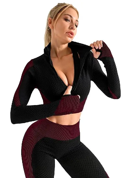 2 piece Zipper Long Sleeve Patchwork Set