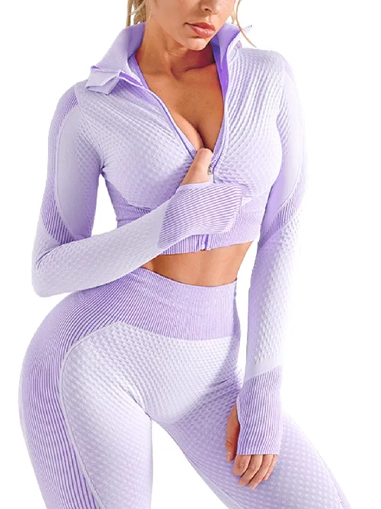 2 piece Zipper Long Sleeve Patchwork Set