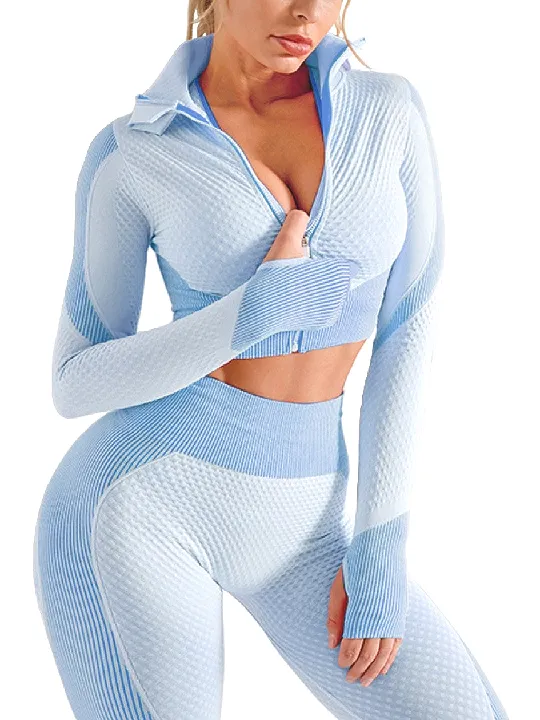 2 piece Zipper Long Sleeve Patchwork Set