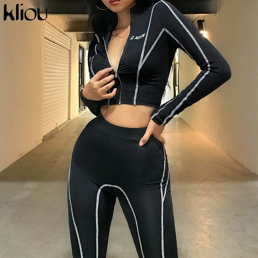 2 pieces set fitness tracksuit long sleeve zipper sportswear outfits