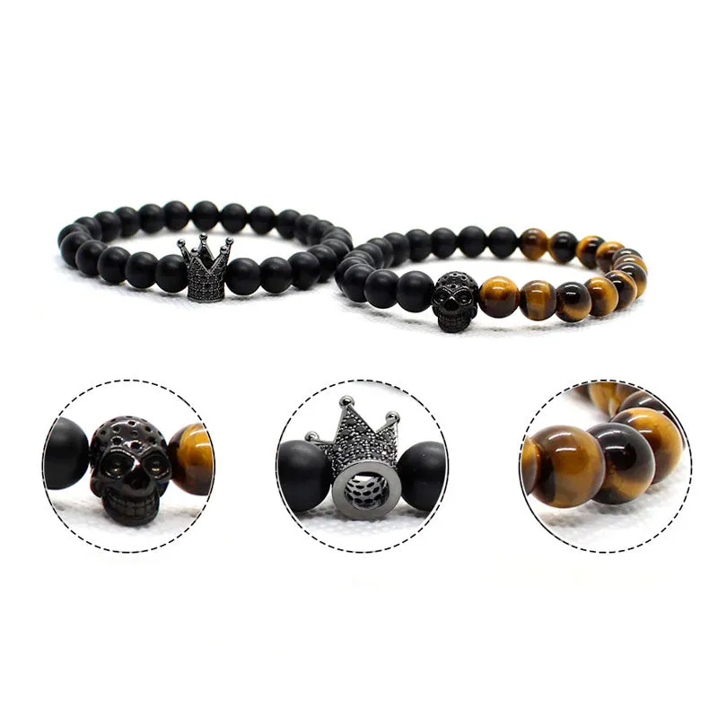 2 Pieces Set Stone Beads Crown Skull Bracelet