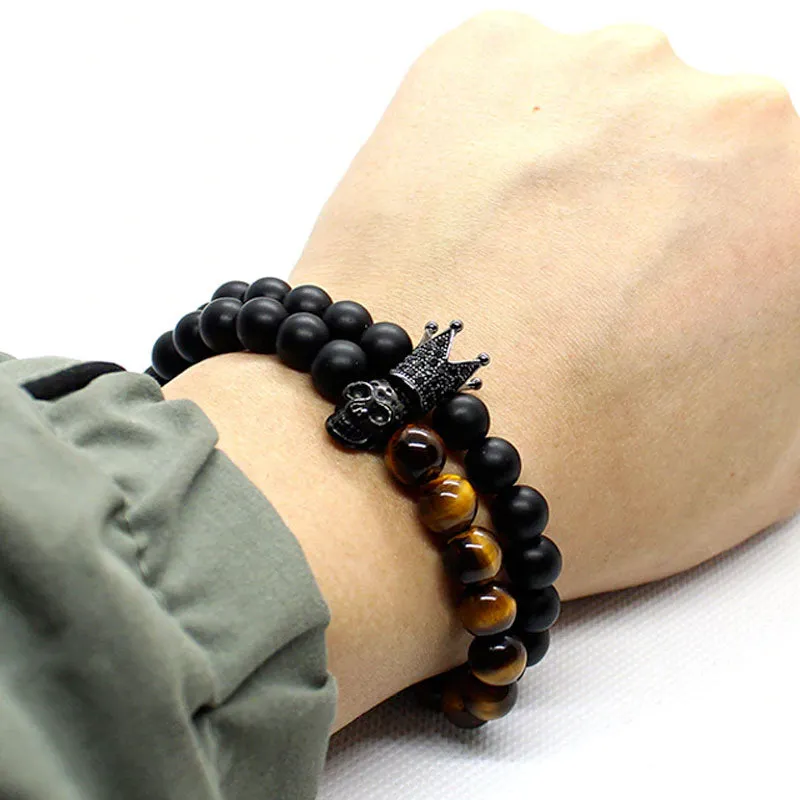 2 Pieces Set Stone Beads Crown Skull Bracelet