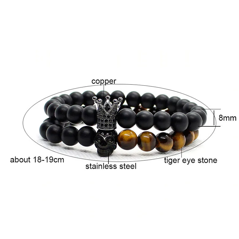 2 Pieces Set Stone Beads Crown Skull Bracelet