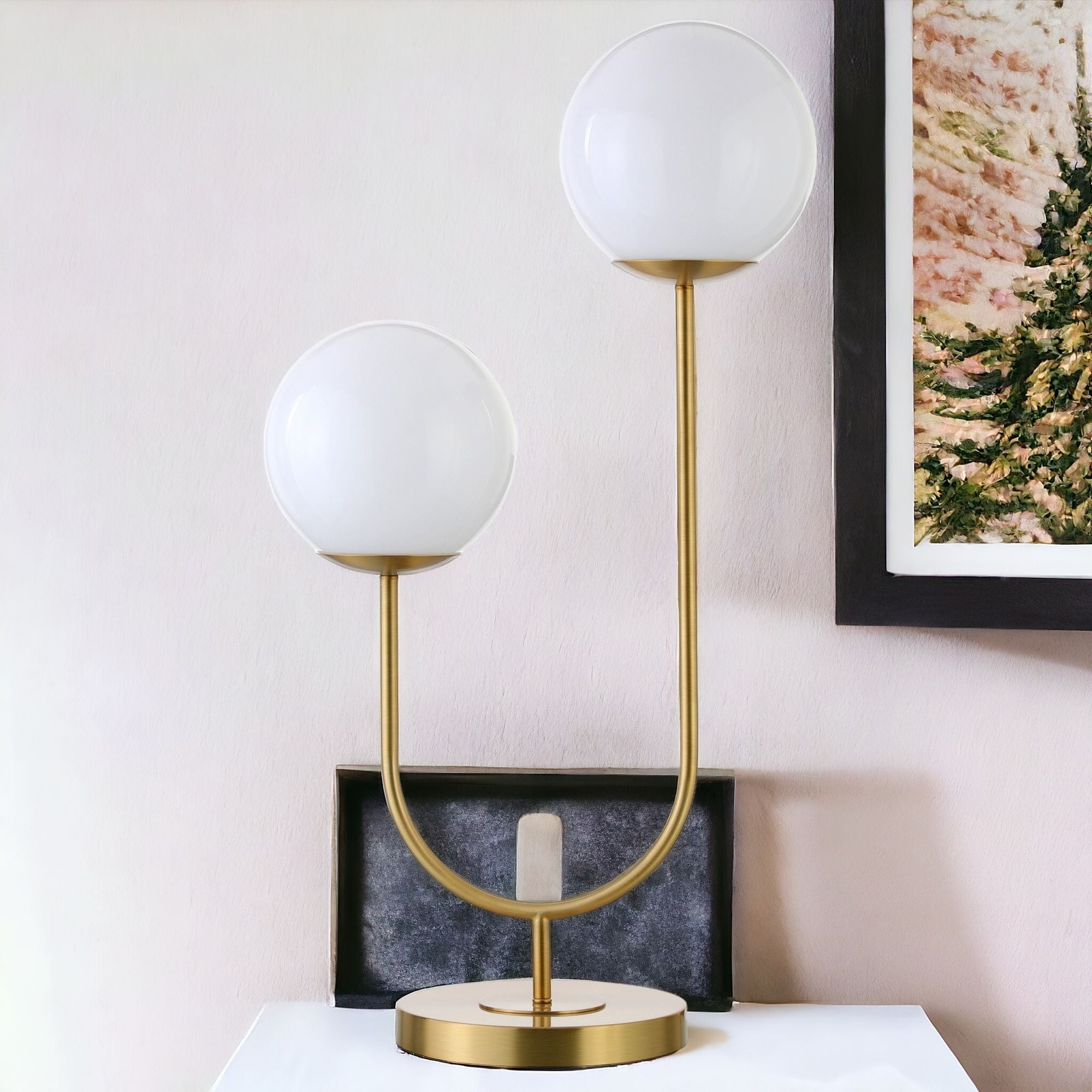 28 Gold Metal Two Light Novelty Globe Table Lamp With White Globe Shade