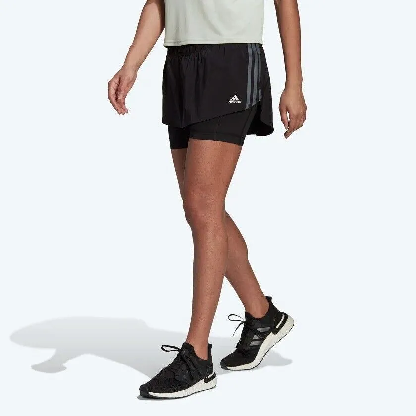 adidas Run Icons 3-Stripes Womens Running Skort & Compression Shorts Gym Black