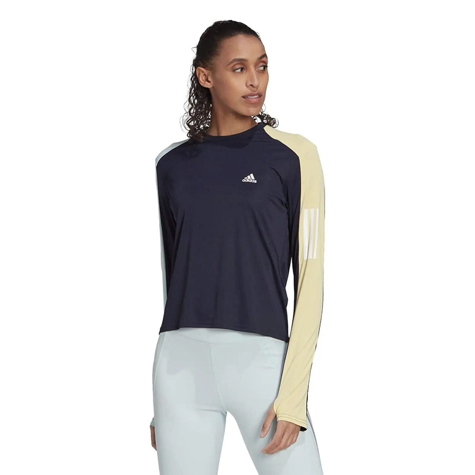 adidas Womens Running Top Own The Run Colorblock Long-Sleeved Dark Blue Yellow