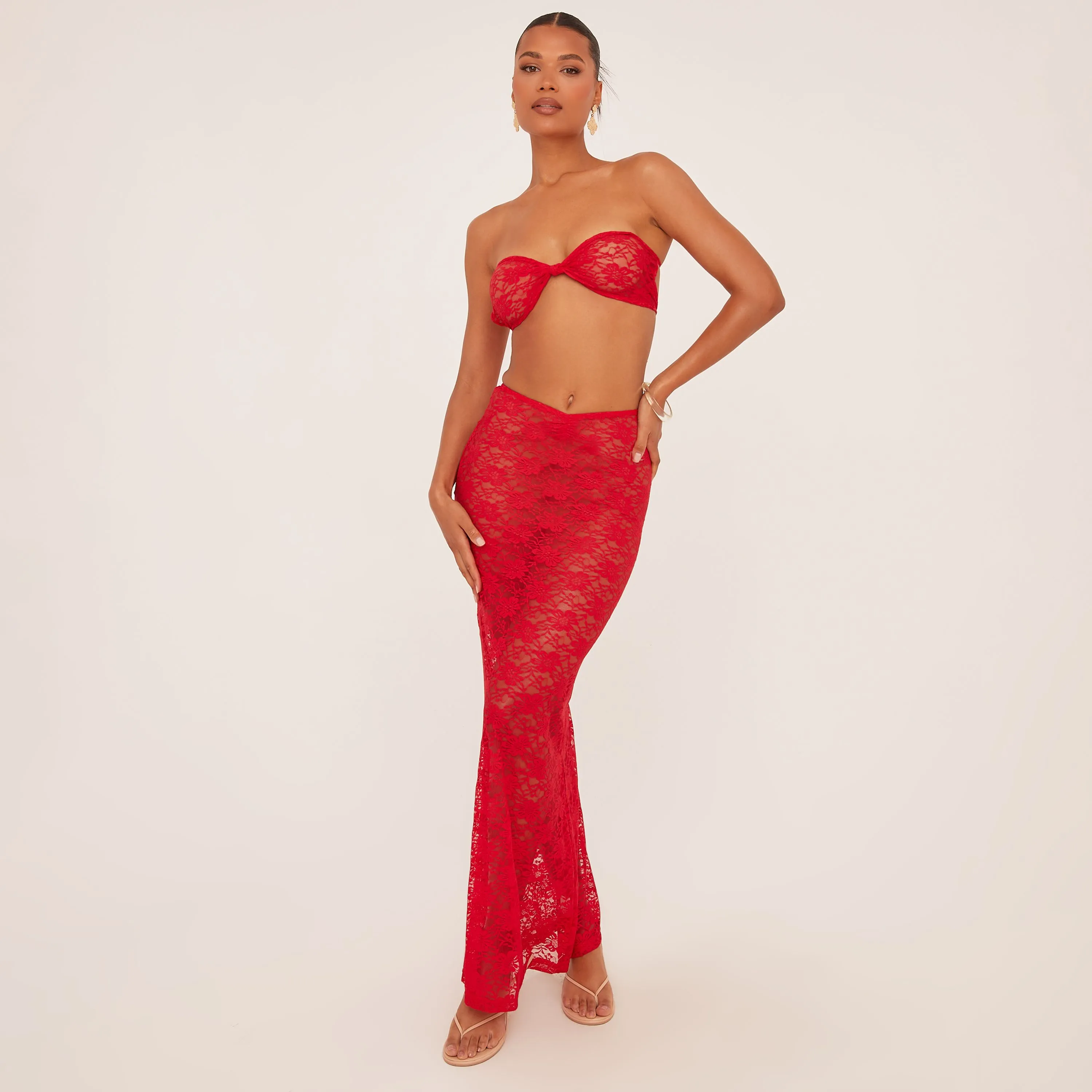 Bandeau Crop Top And High Waist Maxi Skirt Co-Ord Set In Red Lace