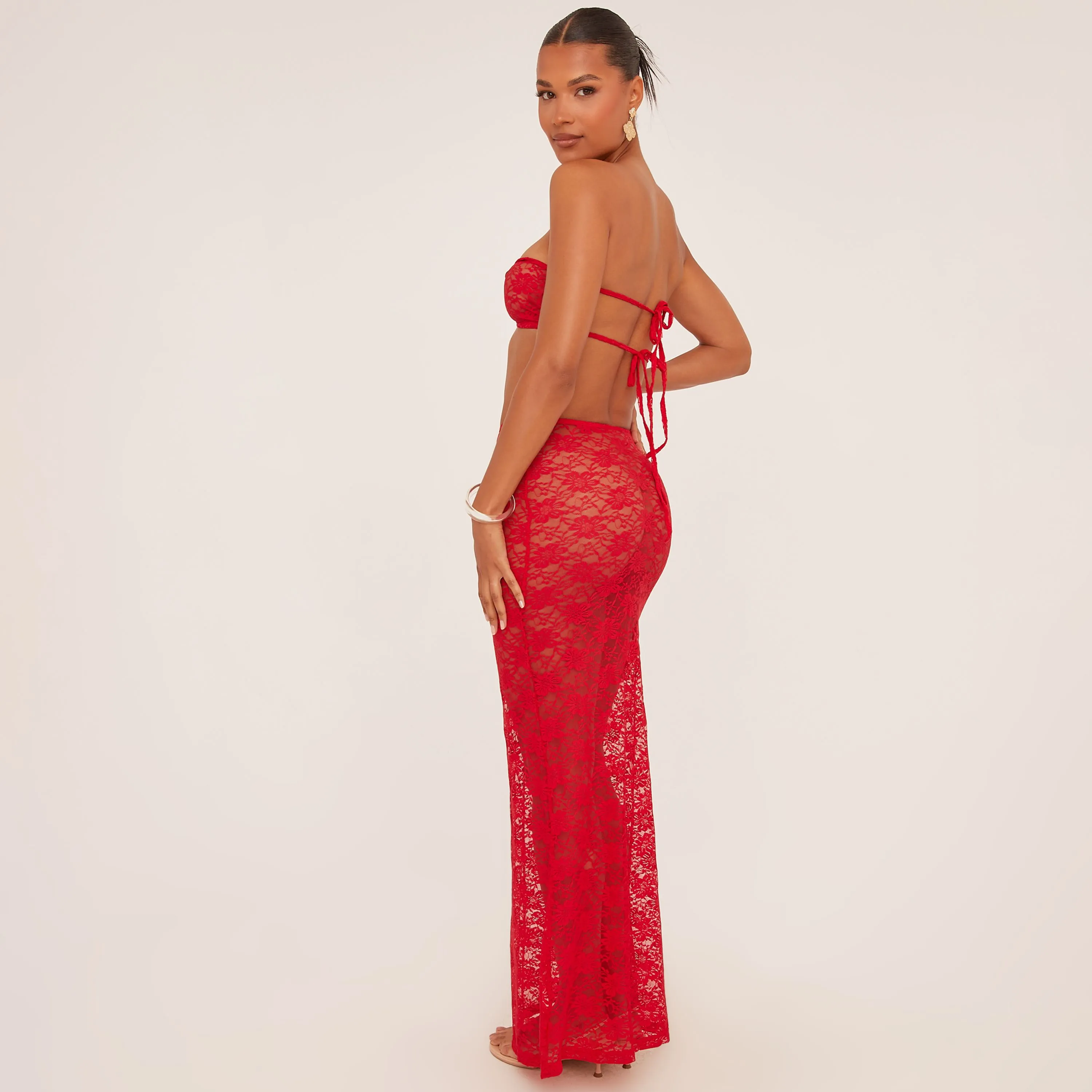 Bandeau Crop Top And High Waist Maxi Skirt Co-Ord Set In Red Lace