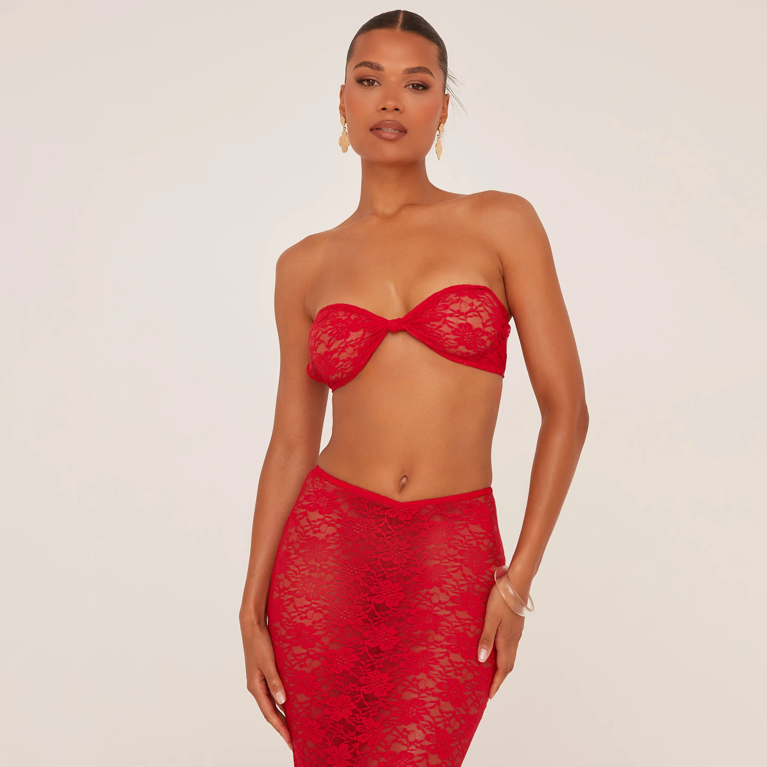 Bandeau Crop Top And High Waist Maxi Skirt Co-Ord Set In Red Lace