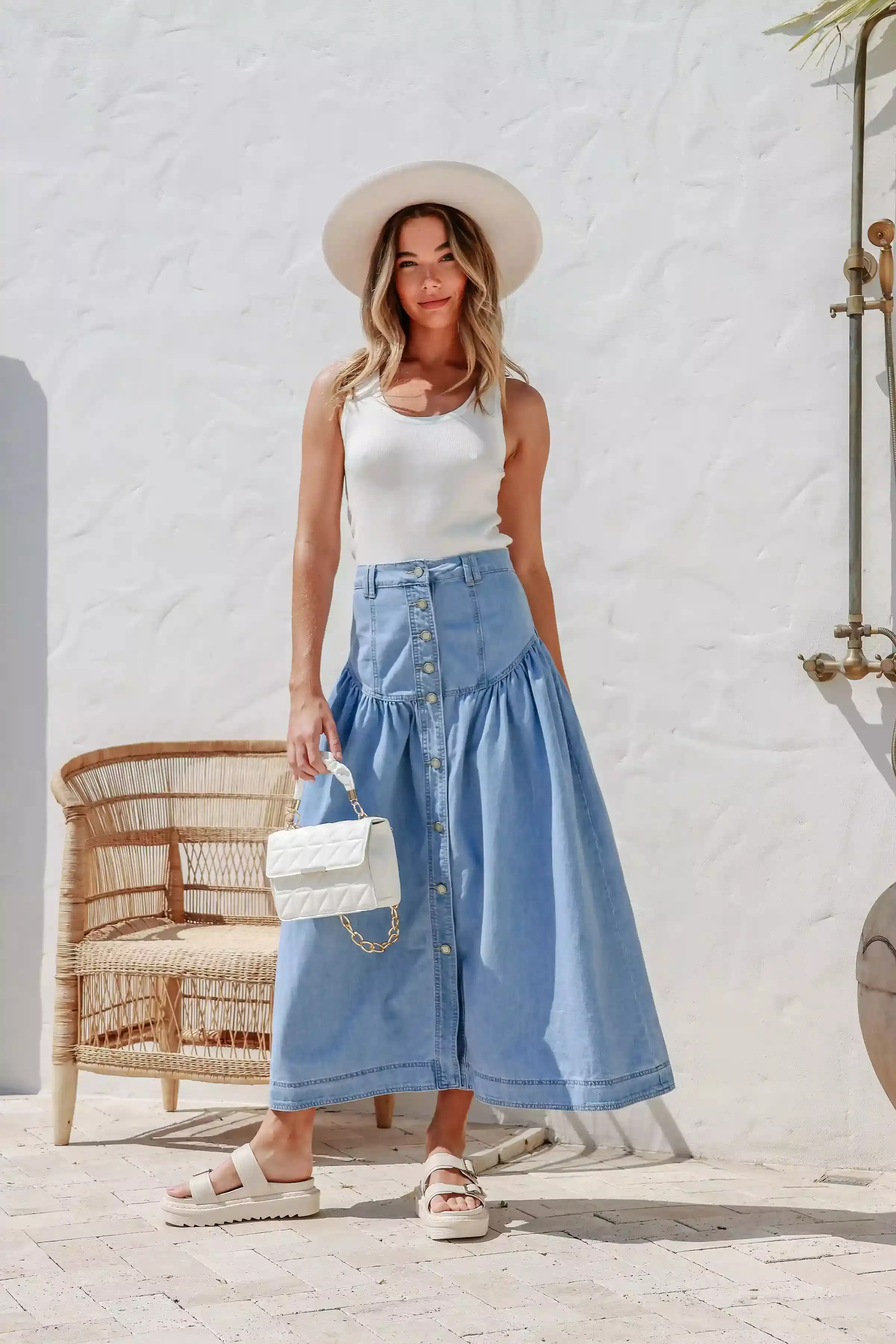 Beckham Chambray Denim Button Front Maxi Skirt Light Blue