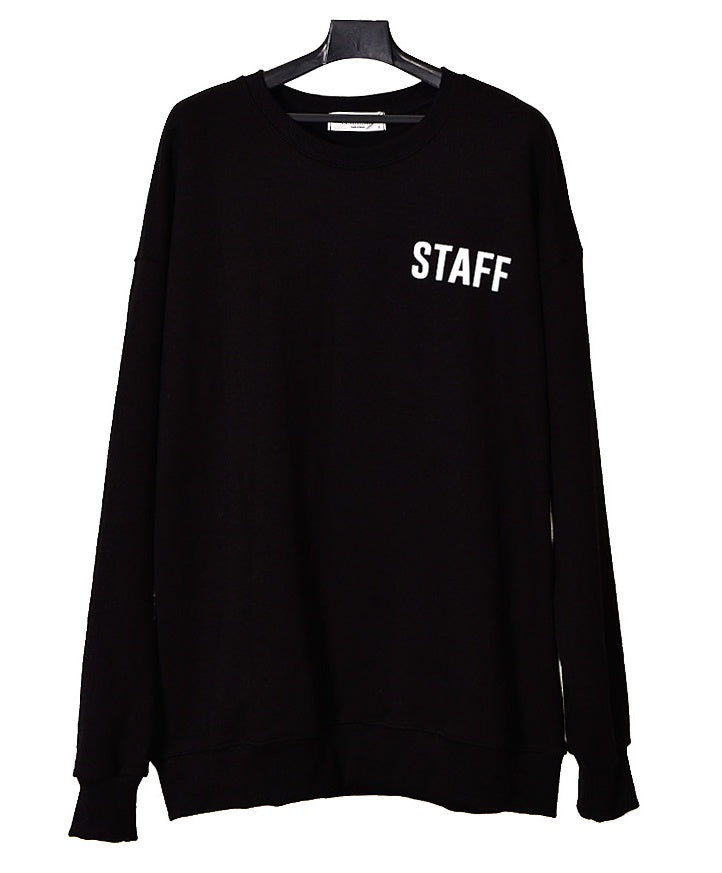 Black Staff Graphic Casual Long Sleeved Sweatshirts Mens Crewneck Tops Loose Fit Made in Korean Fashion Kpop Style