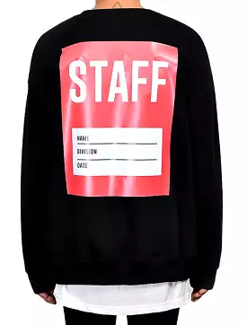 Black Staff Graphic Casual Long Sleeved Sweatshirts Mens Crewneck Tops Loose Fit Made in Korean Fashion Kpop Style