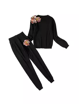 Black Two Piece Knit Set With Sequin Flowers