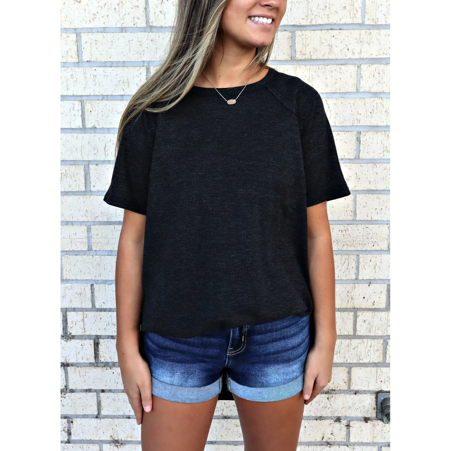 Black Waffle Soft Short Sleeve HI-LOW Top (regular and plus)