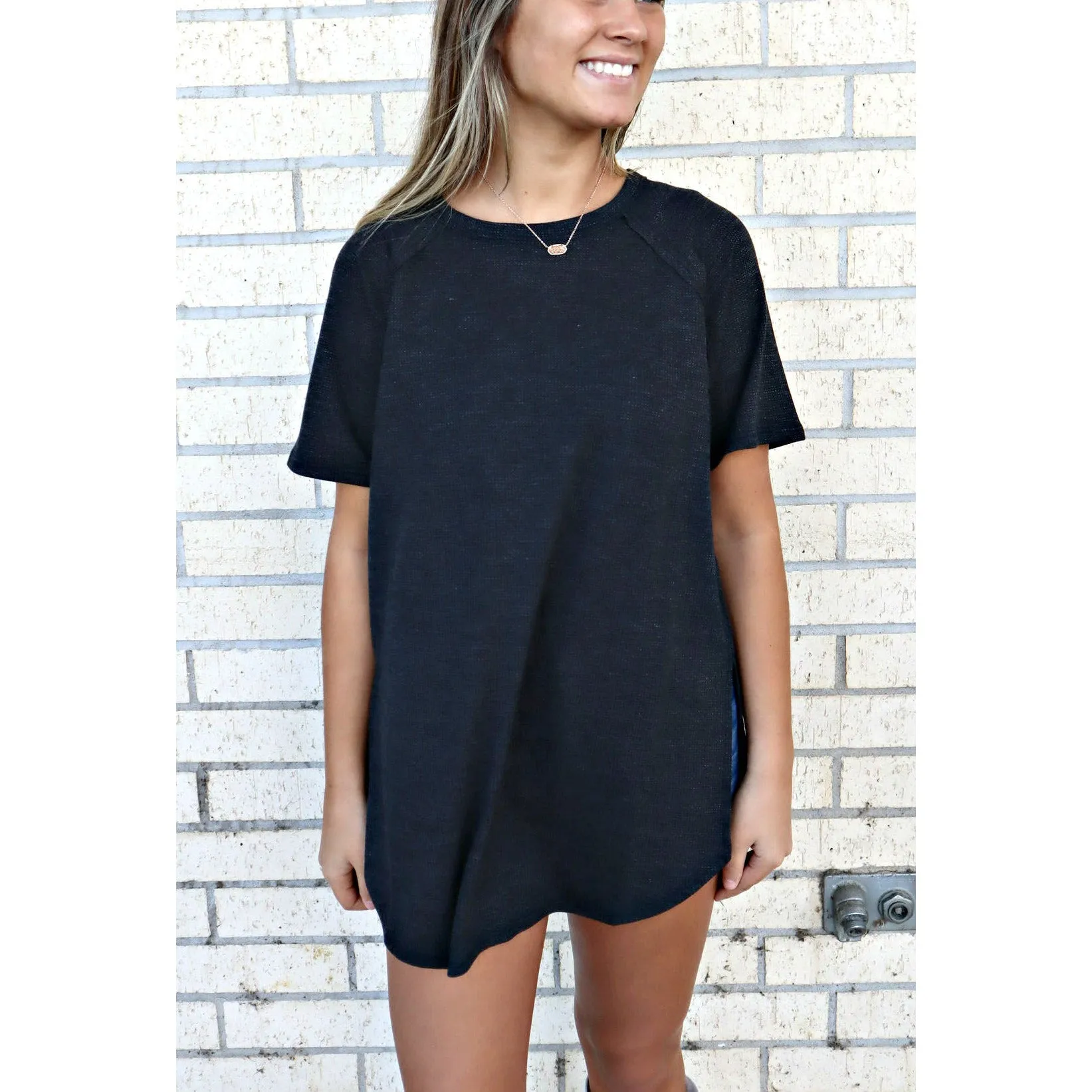 Black Waffle Soft Short Sleeve HI-LOW Top (regular and plus)