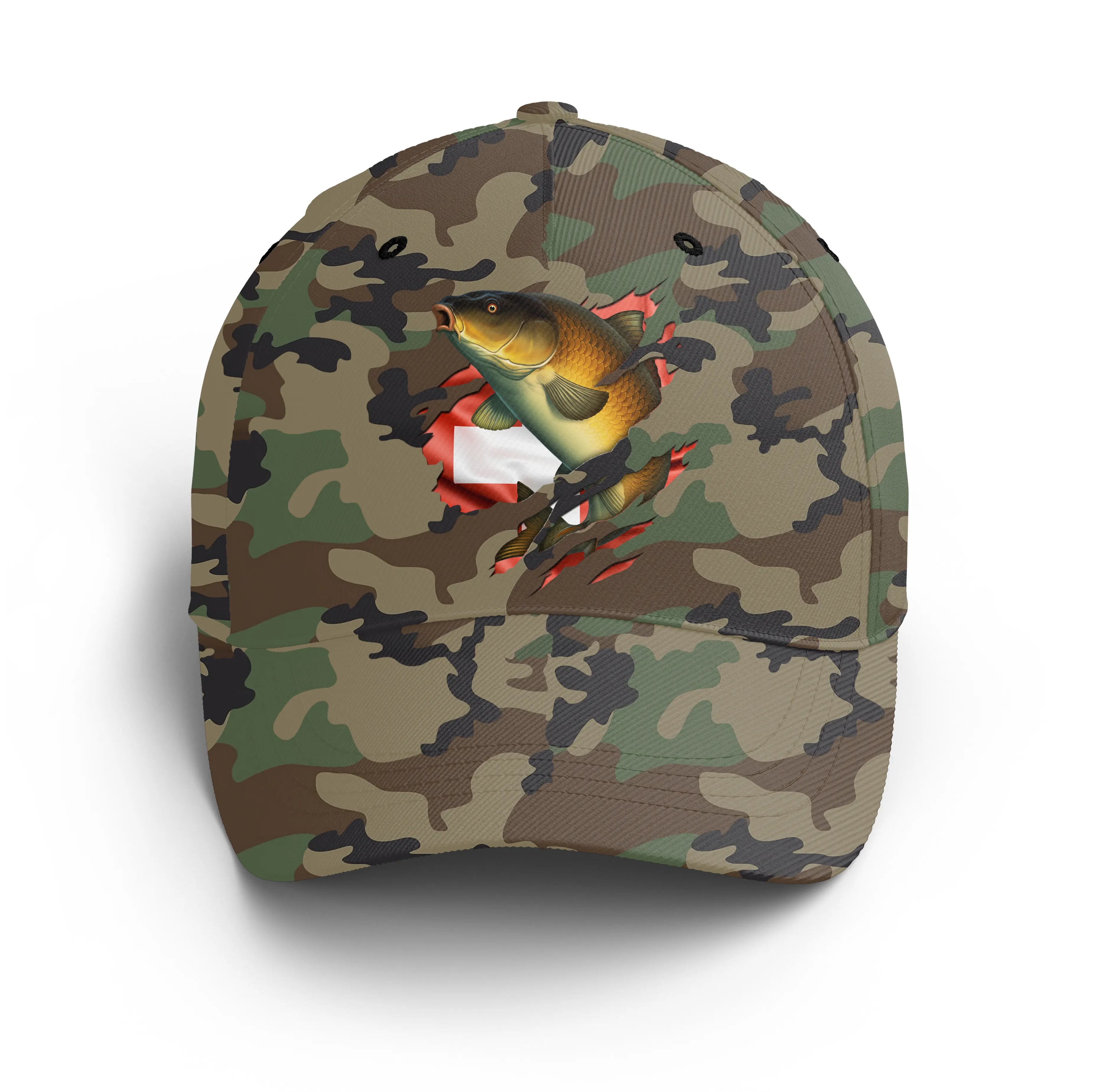 Chiptshirts - Casquette Pêcheur, Pêche de la Carpe, Cadeau Original Fans de Pêche, Motifs Camouflage, Drapeau Suisse - CT0107221