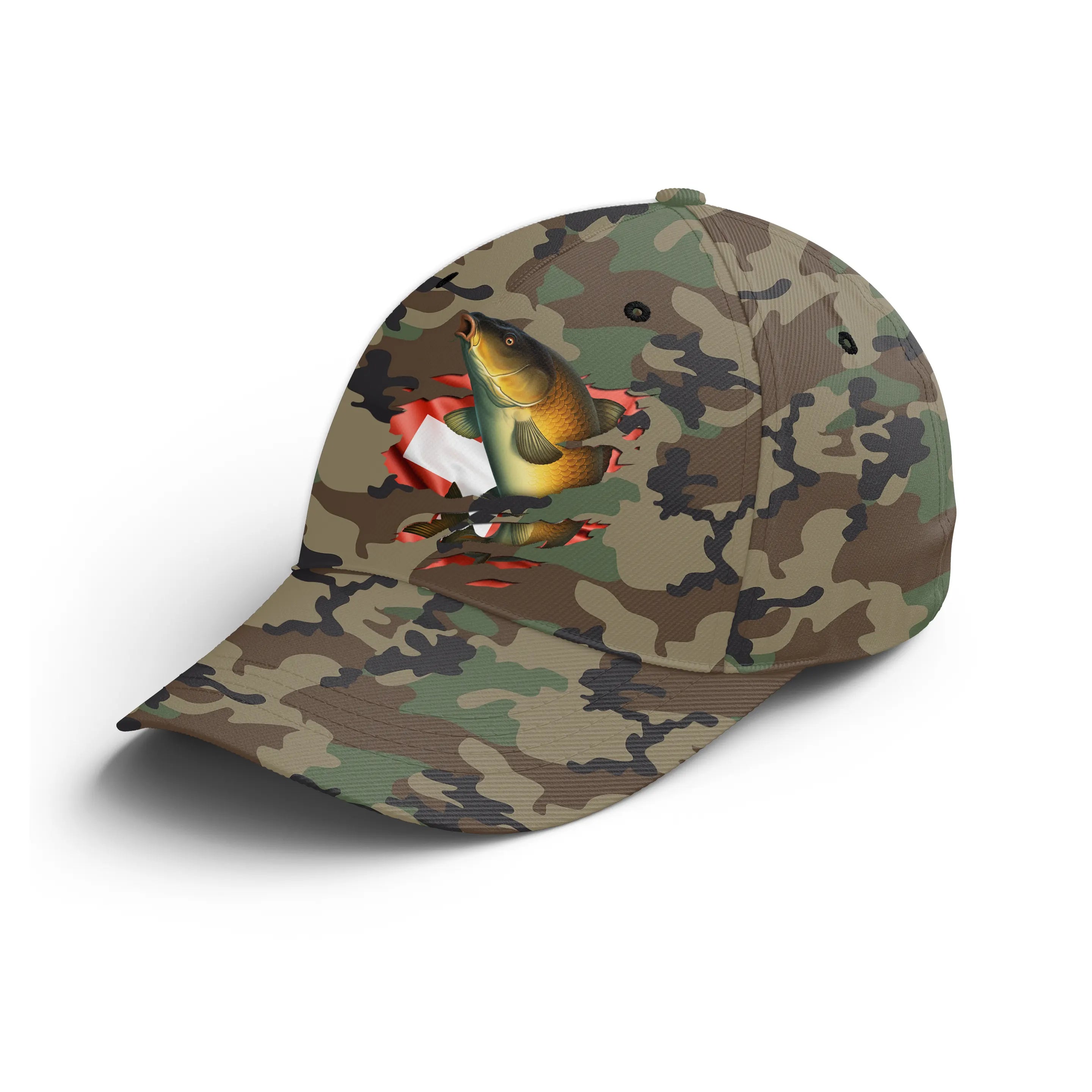 Chiptshirts - Casquette Pêcheur, Pêche de la Carpe, Cadeau Original Fans de Pêche, Motifs Camouflage, Drapeau Suisse - CT0107221