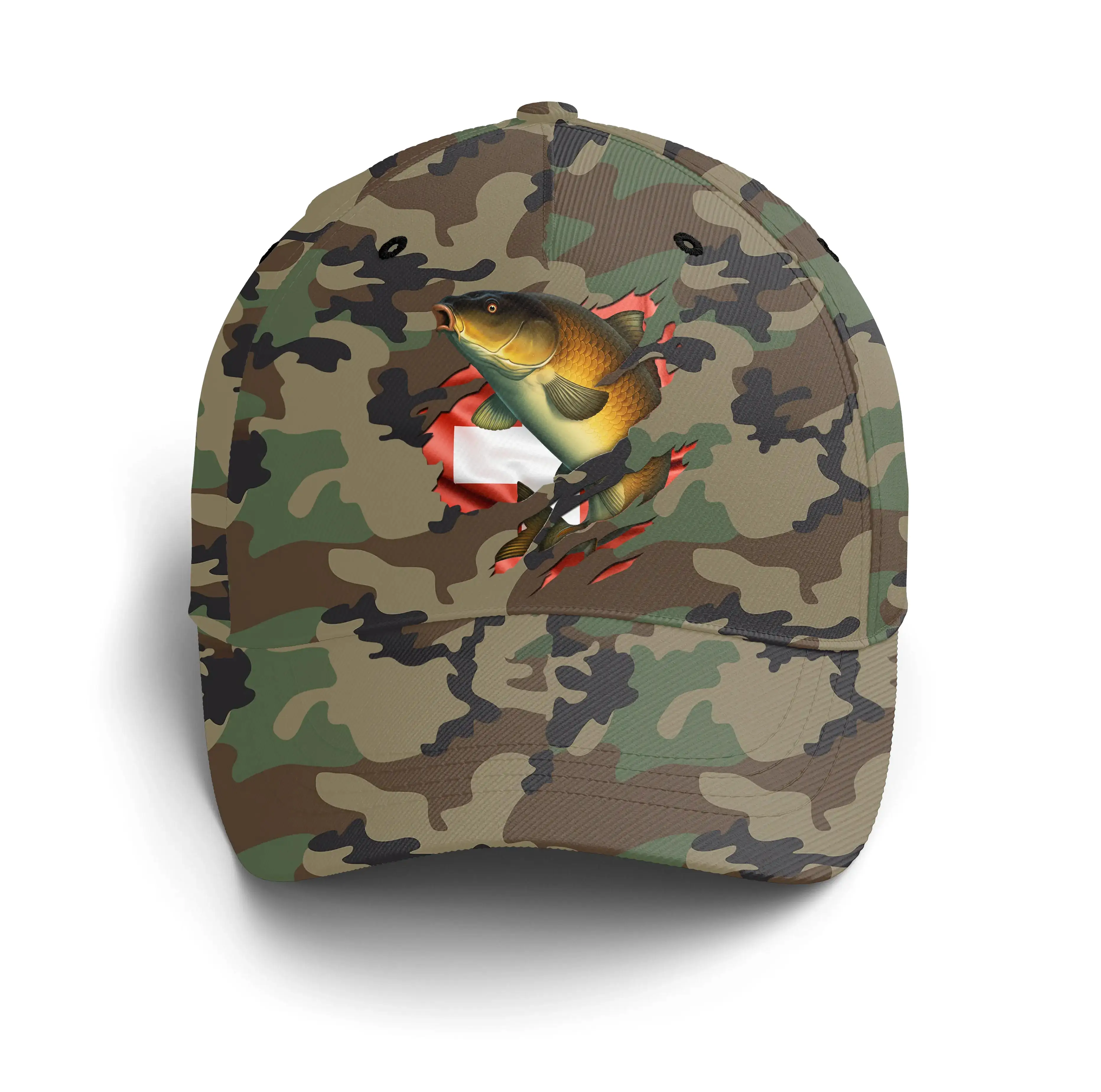 Chiptshirts - Casquette Pêcheur, Pêche de la Carpe, Cadeau Original Fans de Pêche, Motifs Camouflage, Drapeau Suisse - CT0107221