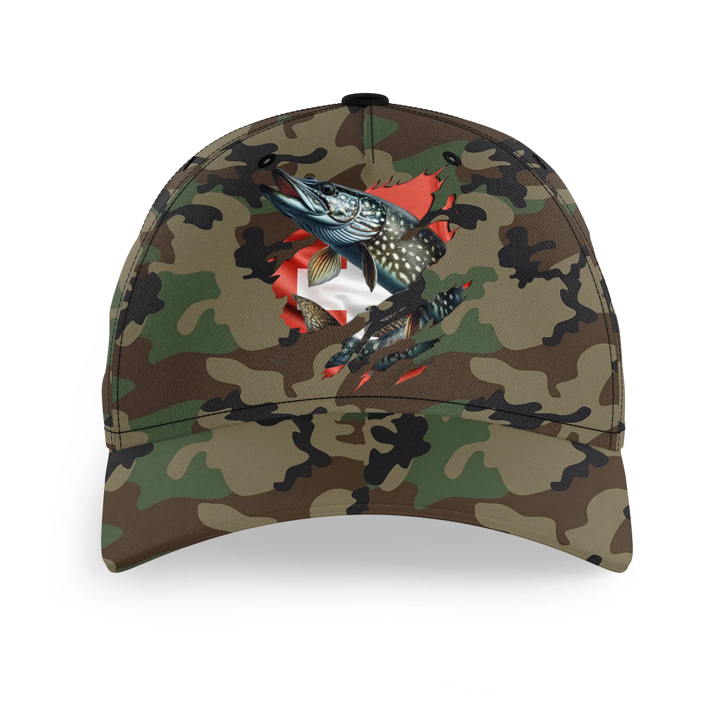 Chiptshirts - Casquette Pêcheur, Pêche du Brochet, Cadeau Original Fans de Pêche, Motifs Camouflage, Drapeau Suisse - CT01072217