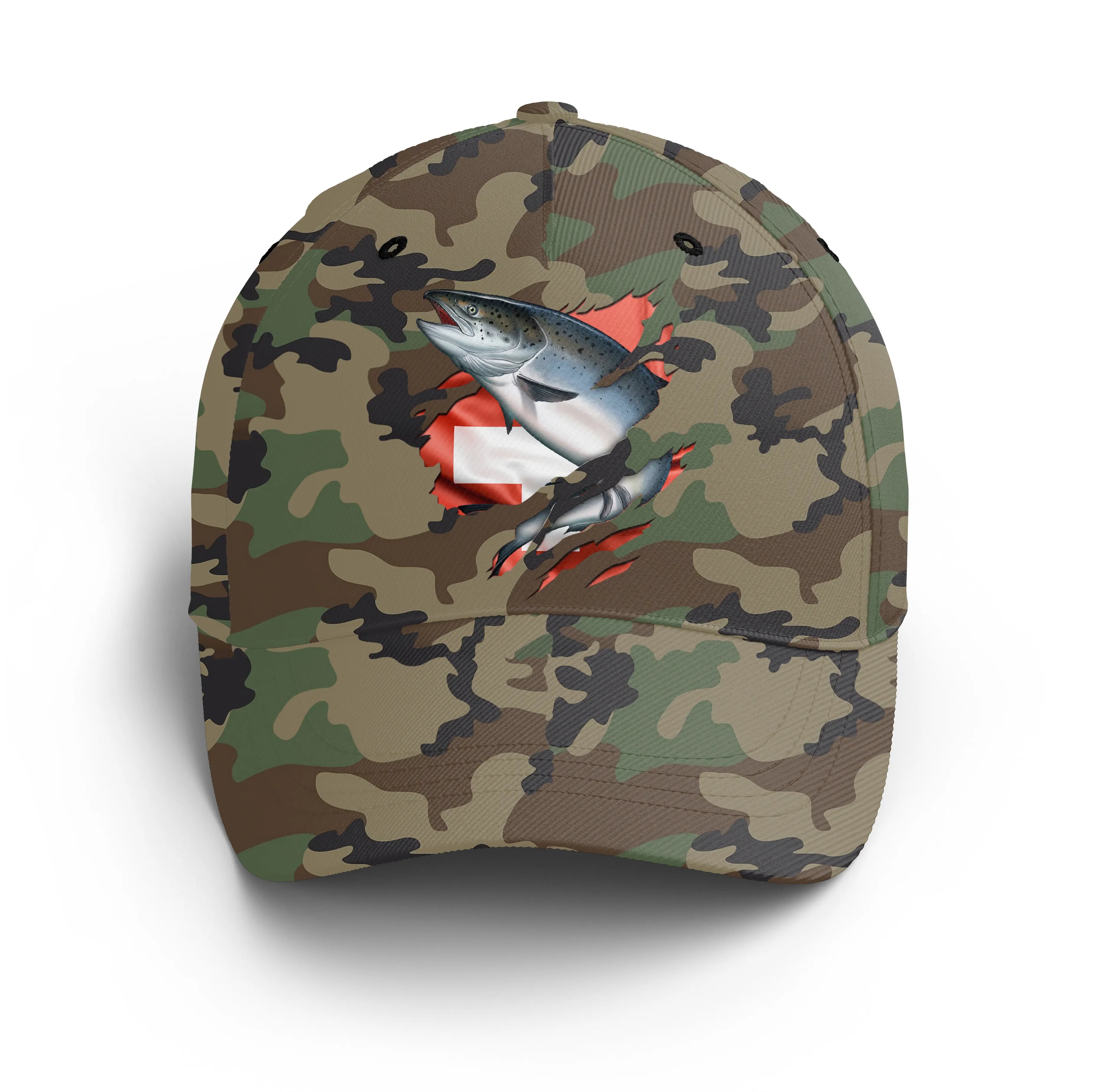 Chiptshirts - Casquette Pêcheur, Pêche du Saumon, Cadeau Original Fans de Pêche, Motifs Camouflage, Drapeau Suisse - CT01072225