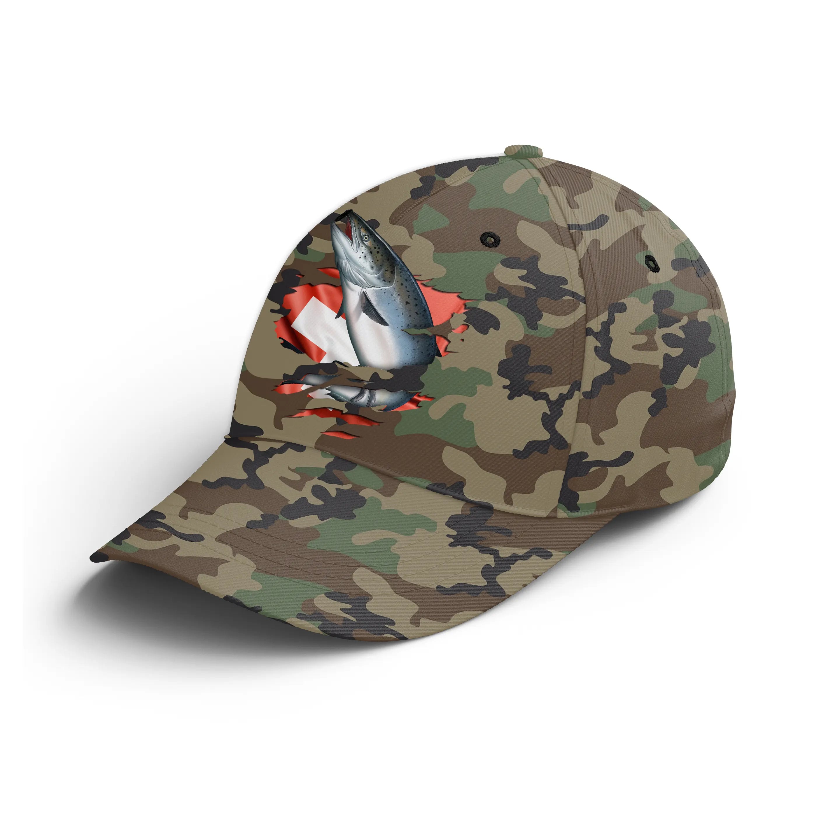 Chiptshirts - Casquette Pêcheur, Pêche du Saumon, Cadeau Original Fans de Pêche, Motifs Camouflage, Drapeau Suisse - CT01072225