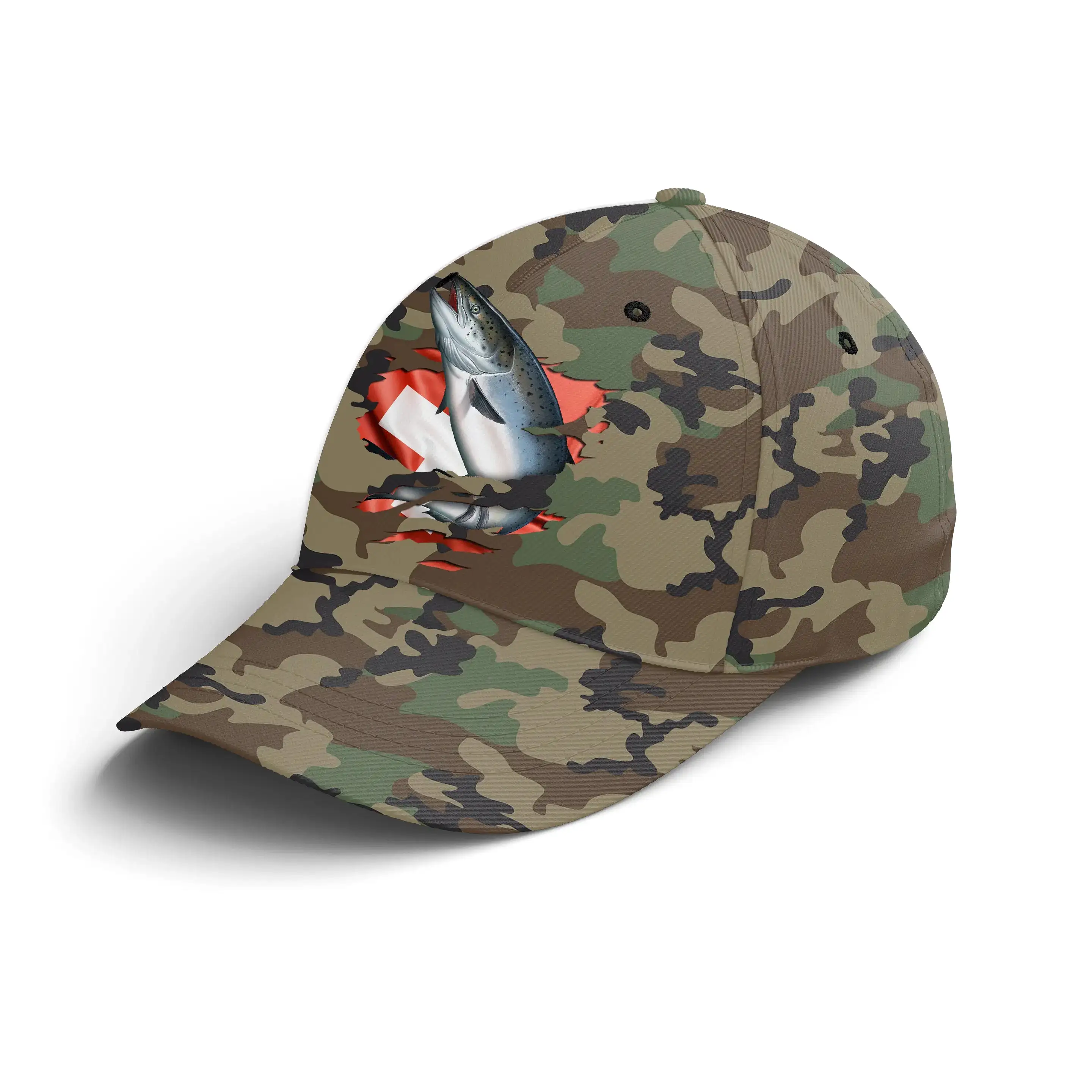 Chiptshirts - Casquette Pêcheur, Pêche du Saumon, Cadeau Original Fans de Pêche, Motifs Camouflage, Drapeau Suisse - CT01072225