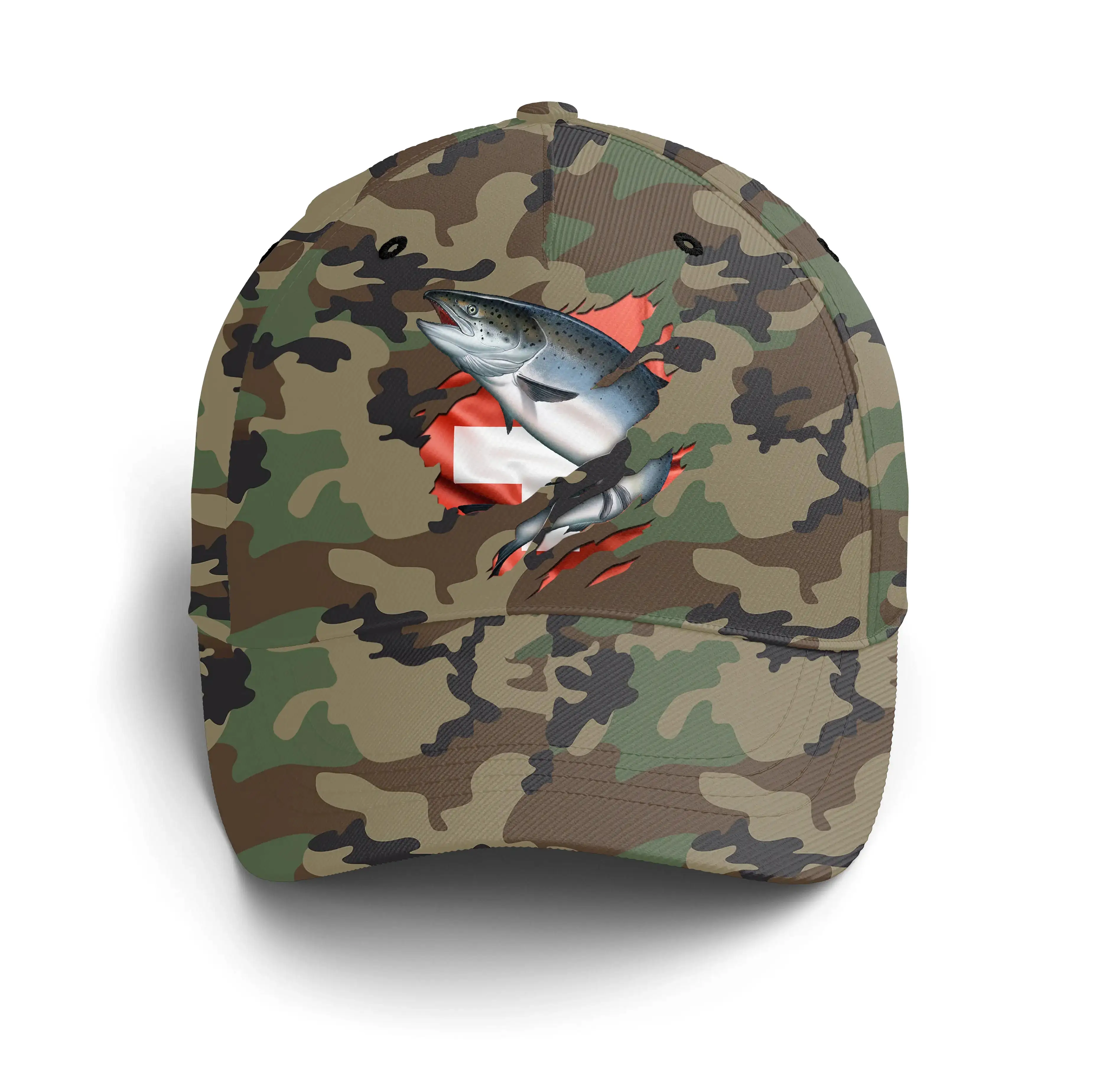 Chiptshirts - Casquette Pêcheur, Pêche du Saumon, Cadeau Original Fans de Pêche, Motifs Camouflage, Drapeau Suisse - CT01072225