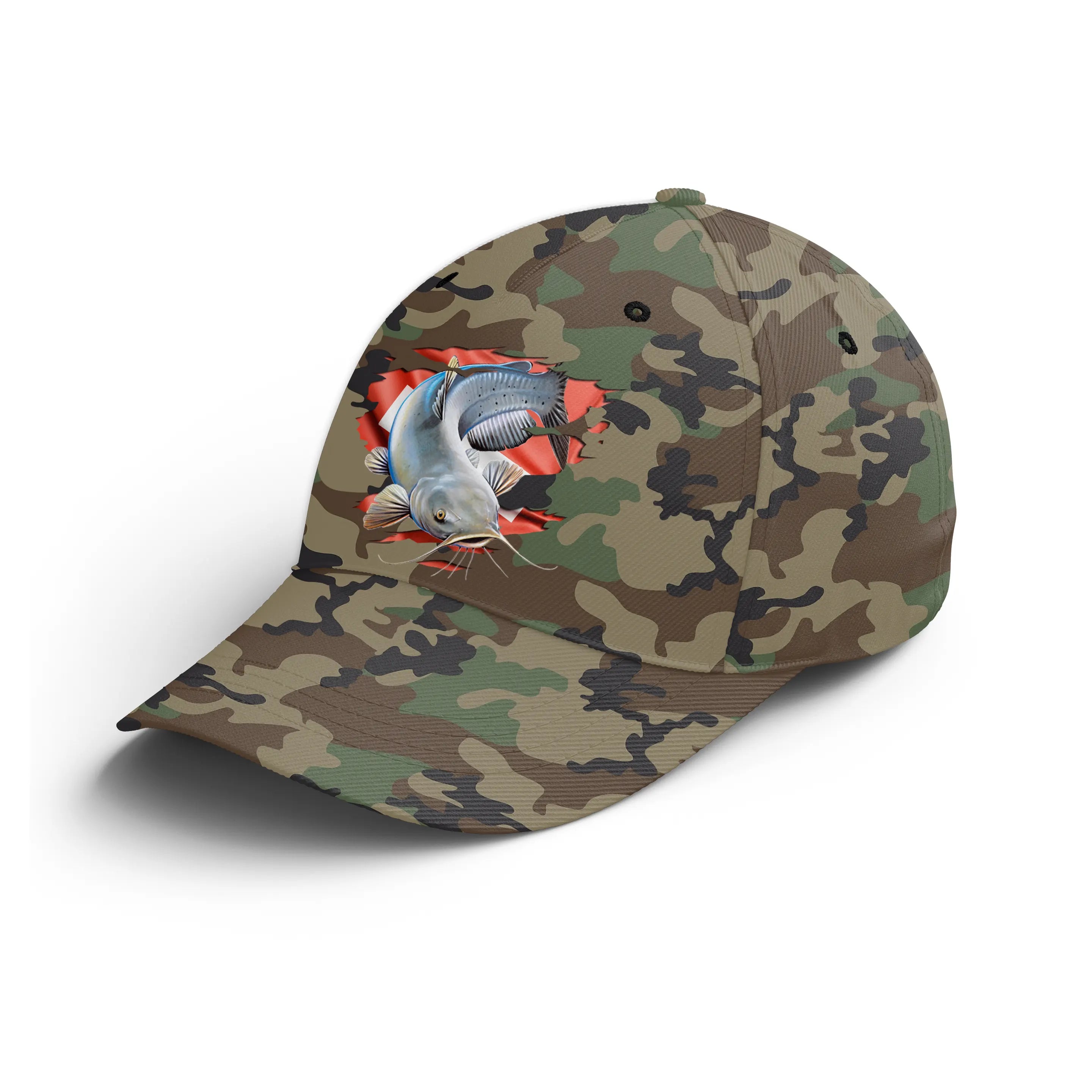 Chiptshirts - Casquette Pêcheur, Pêche du Silure, Cadeau Original Fans de Pêche, Motifs Camouflage, Drapeau Suisse - CT01072219