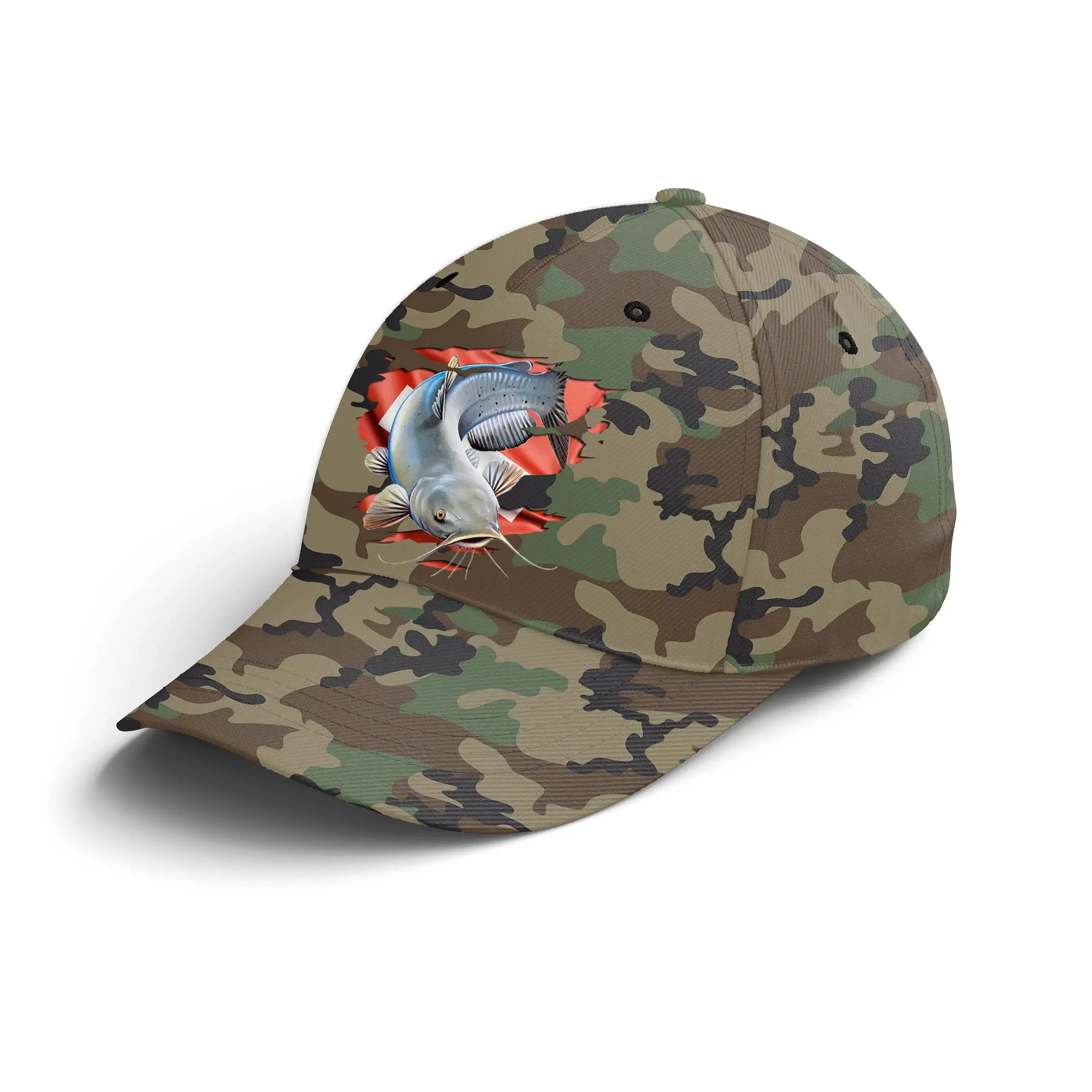 Chiptshirts - Casquette Pêcheur, Pêche du Silure, Cadeau Original Fans de Pêche, Motifs Camouflage, Drapeau Suisse - CT01072219