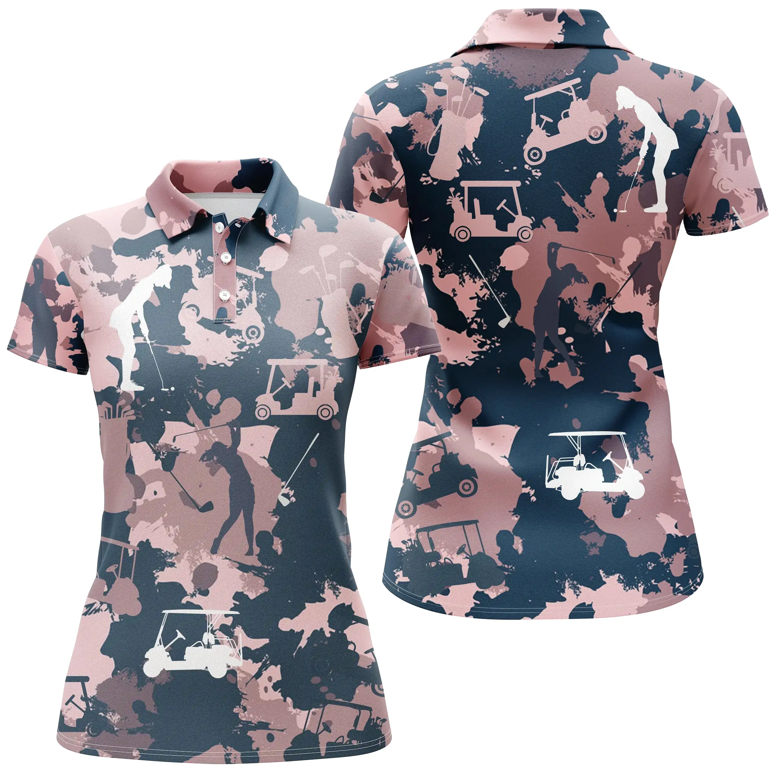 Chiptshirts - Polo De Golf, Cadeau Original Pour Fans De Golf, Polo de Sport Femme, Camouflage Golfeuse, Rose et Bleu Marine - C