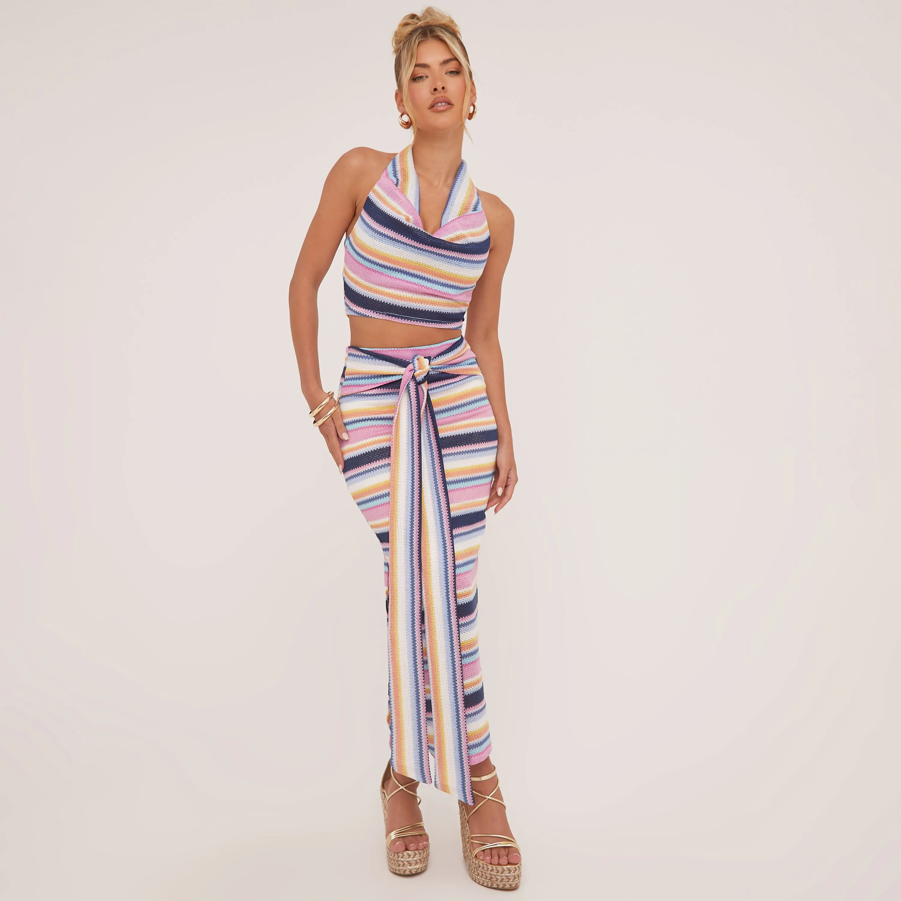 Cowl Neck Top And High Waist Knot Detail Maxi Skirt Co-Ord Set In Multi Stripe Knit