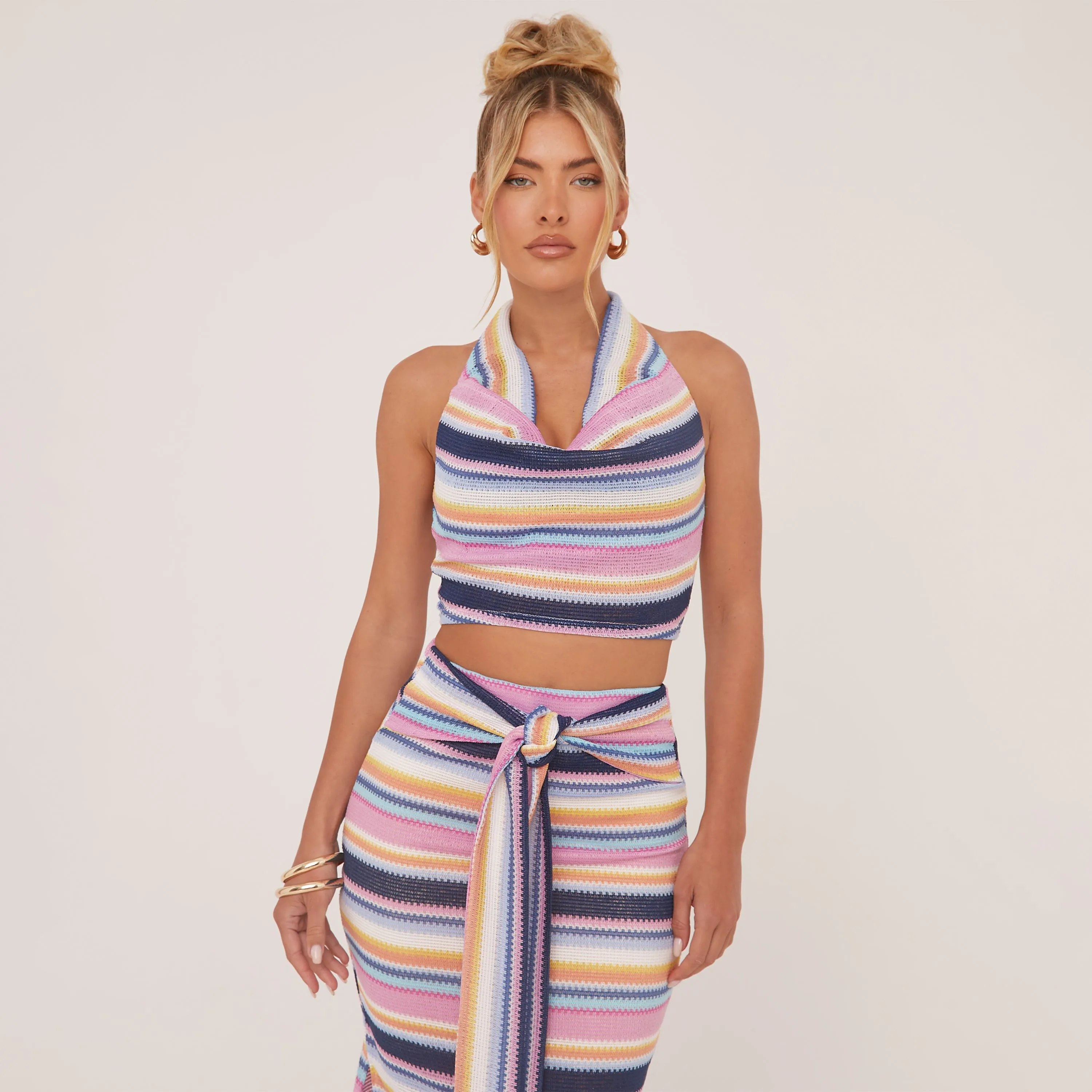 Cowl Neck Top And High Waist Knot Detail Maxi Skirt Co-Ord Set In Multi Stripe Knit