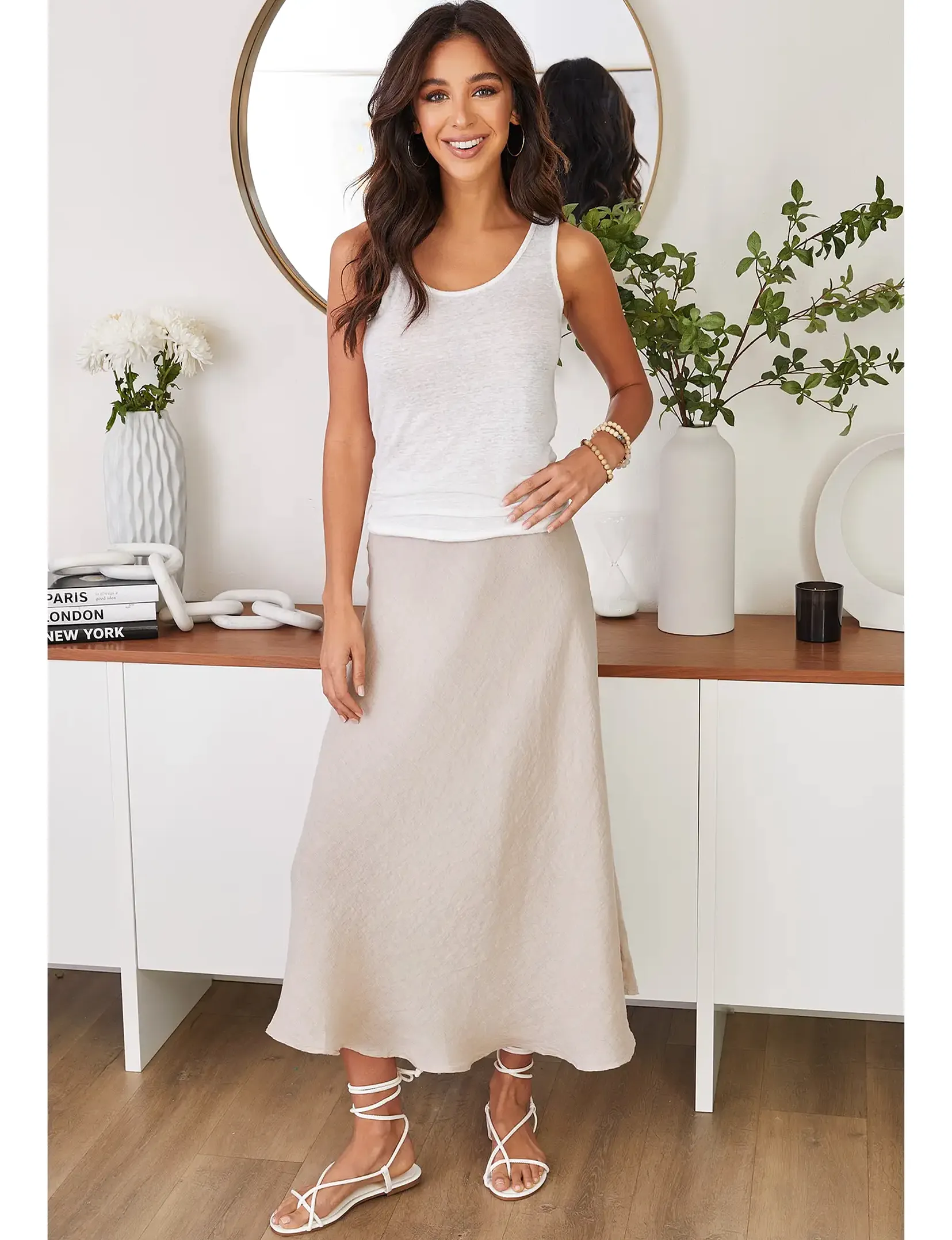 Crinkly Linen Maxi Skirt, Beige