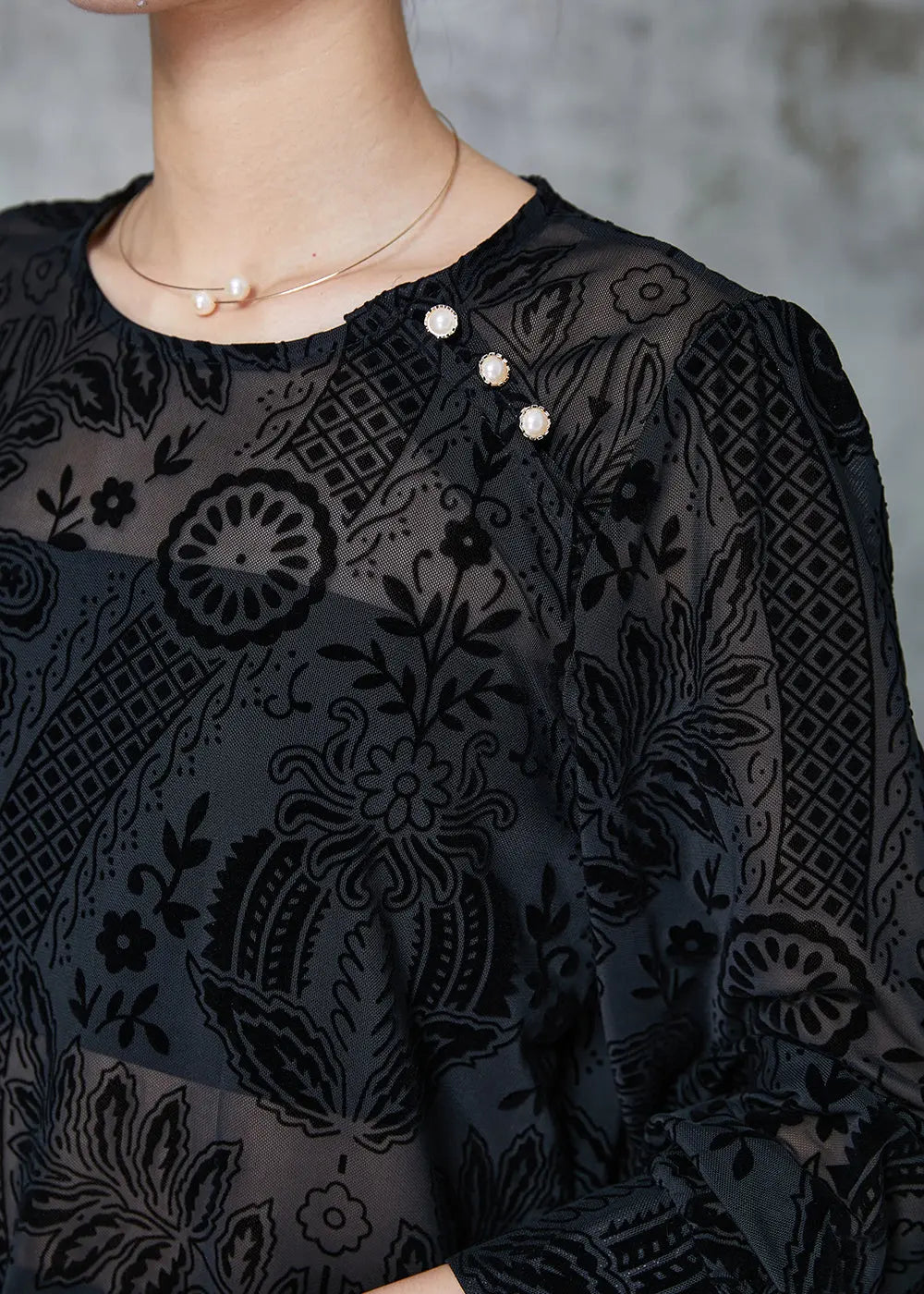 Elegant Black O-Neck Jacquard Lace Tops Spring JK1061