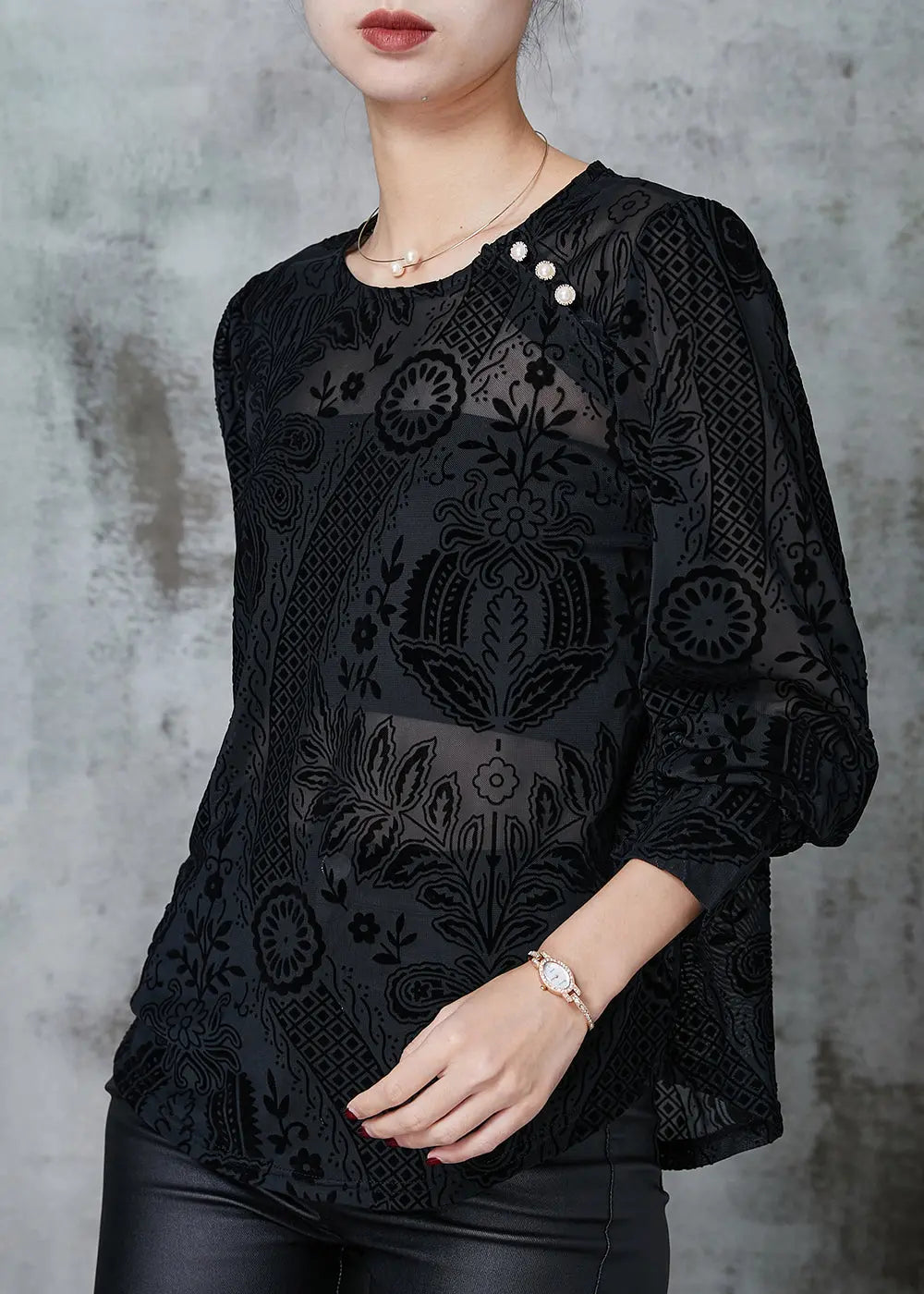 Elegant Black O-Neck Jacquard Lace Tops Spring JK1061