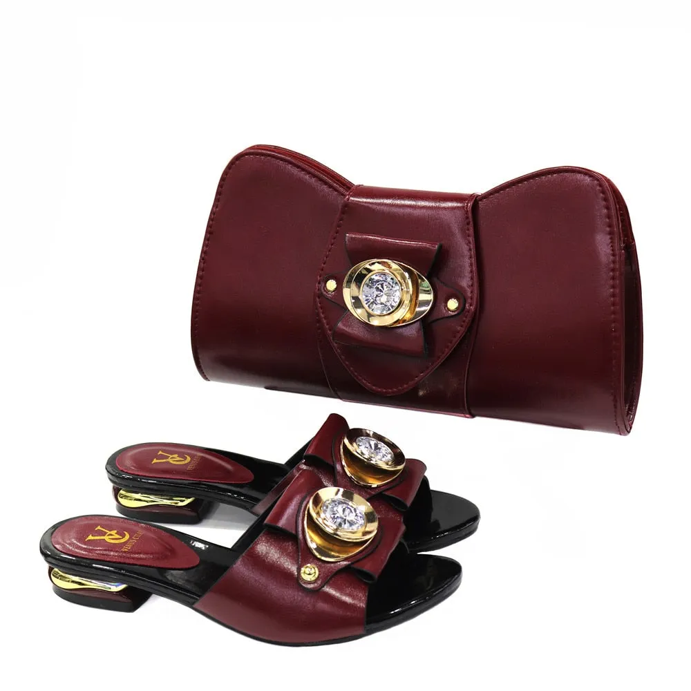 Italian Design Fashion African Women's Low Heel Comfortable Shoes and Bags Set Leather Casual Ladies Slippers