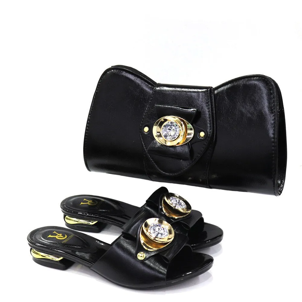 Italian Design Fashion African Women's Low Heel Comfortable Shoes and Bags Set Leather Casual Ladies Slippers