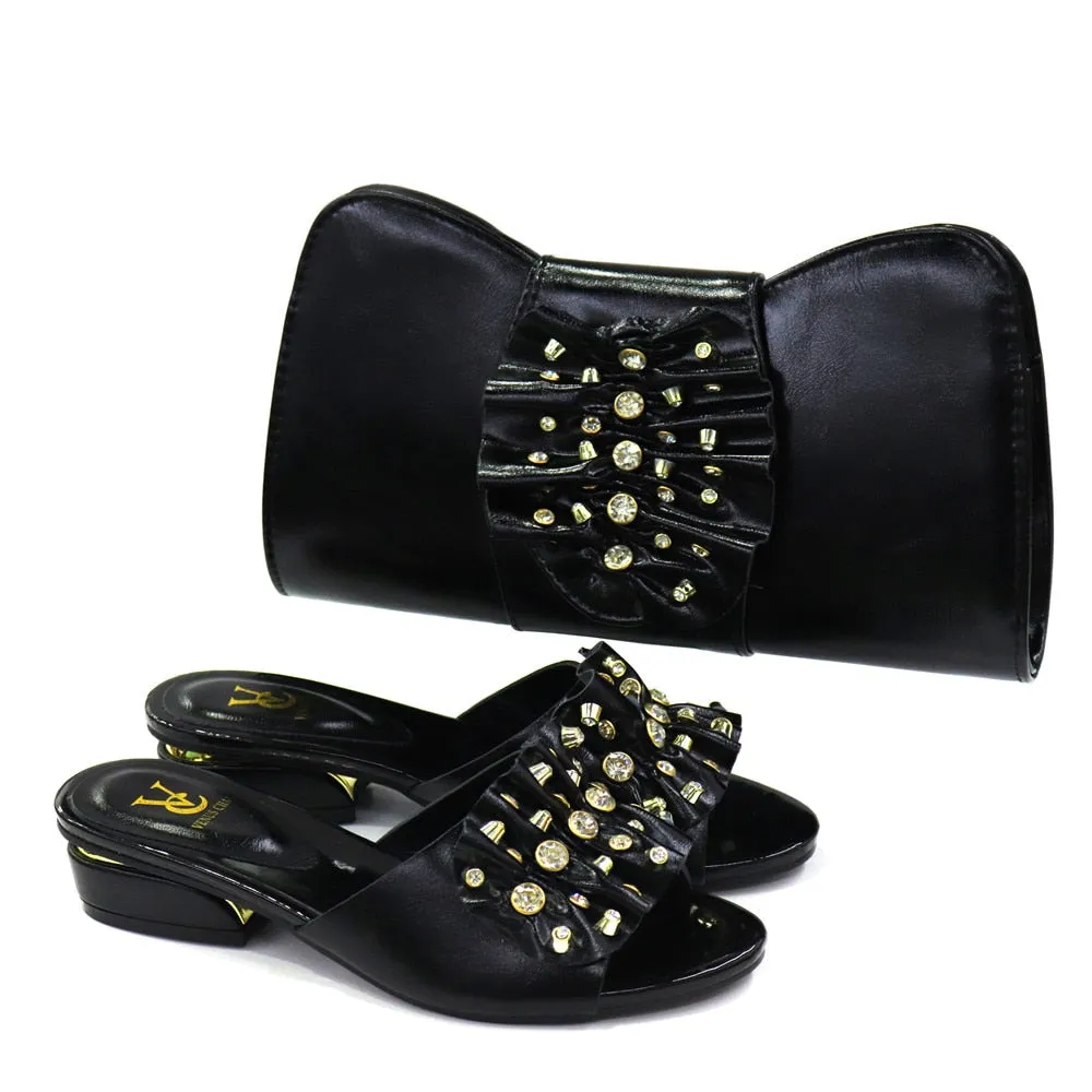 Italian Design Fashion African Women's Low Heel Comfortable Shoes and Bags Set Leather Casual Ladies Slippers