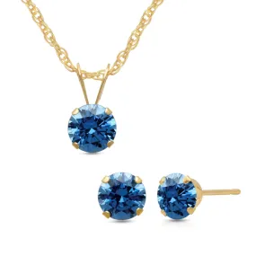 Jewelili 10K Yellow Gold Blue Cubic Zirconia Solitaire Pendant and Earrings 2 Pieces Set