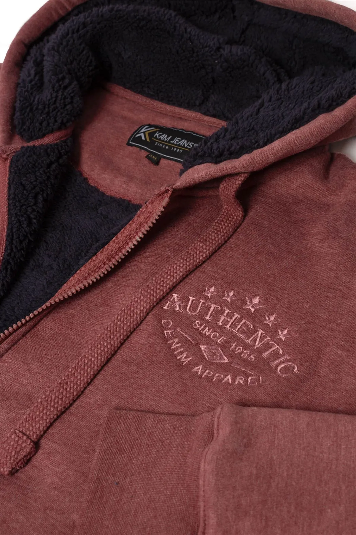 Kam Sherpa Lined Denim Apparel Hoodie - Burgundy Marl