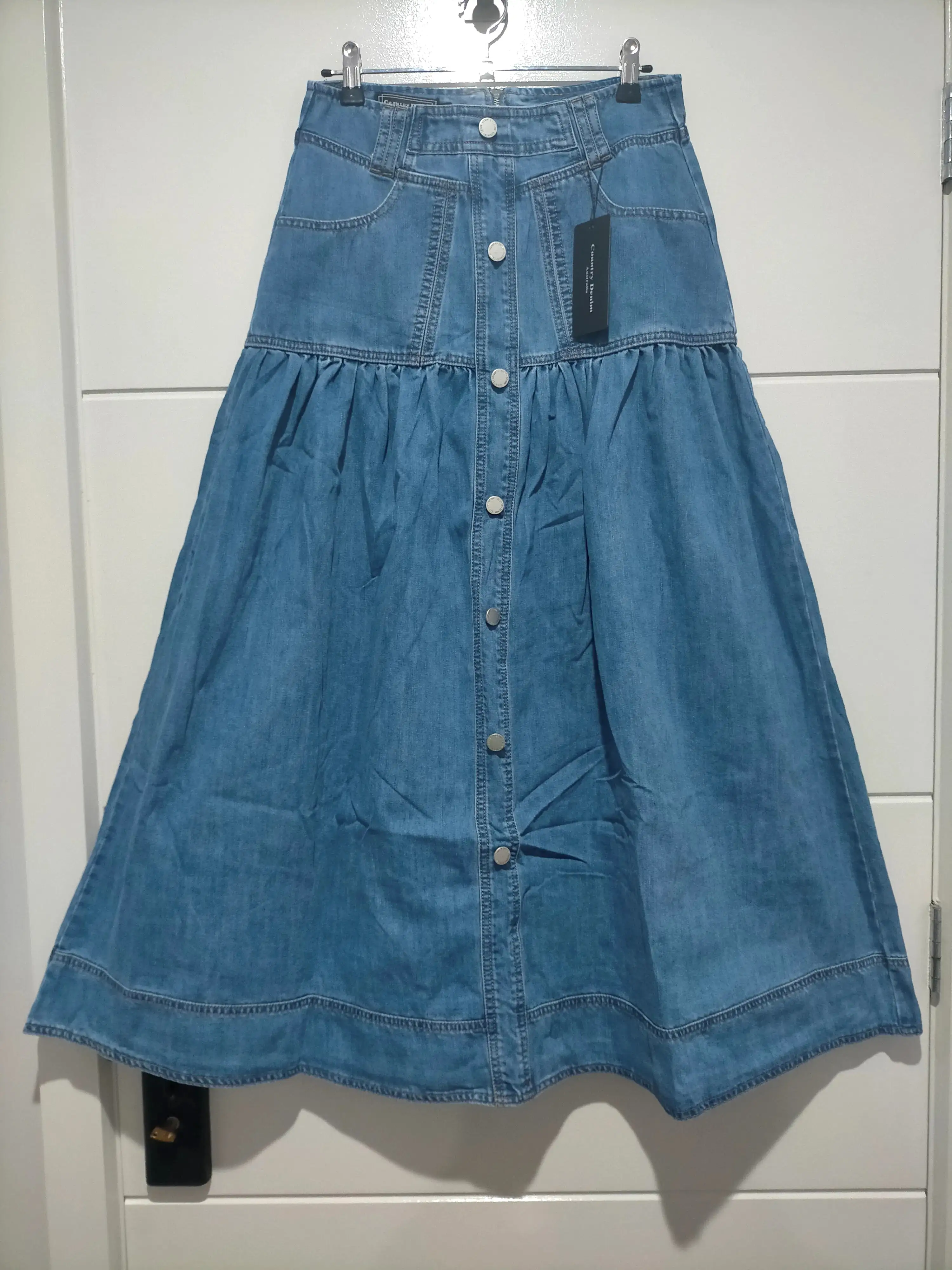 Kentucky Denim Button Front Maxi Skirt Mid Blue