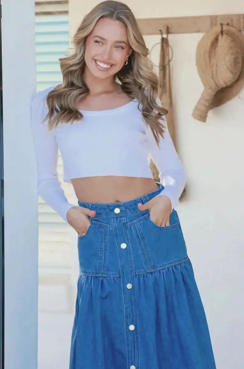 Kentucky Denim Button Front Maxi Skirt Mid Blue