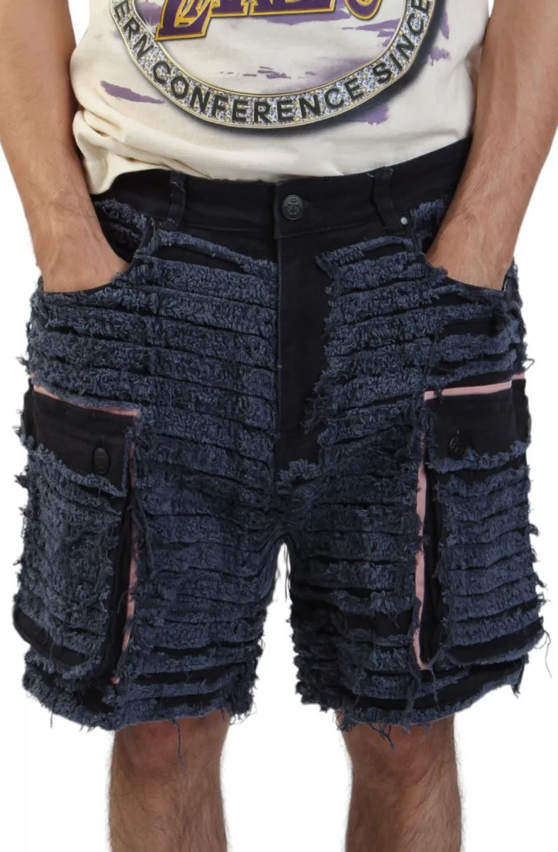 Lifted Anchors  Shredded Denim Cargo Shorts