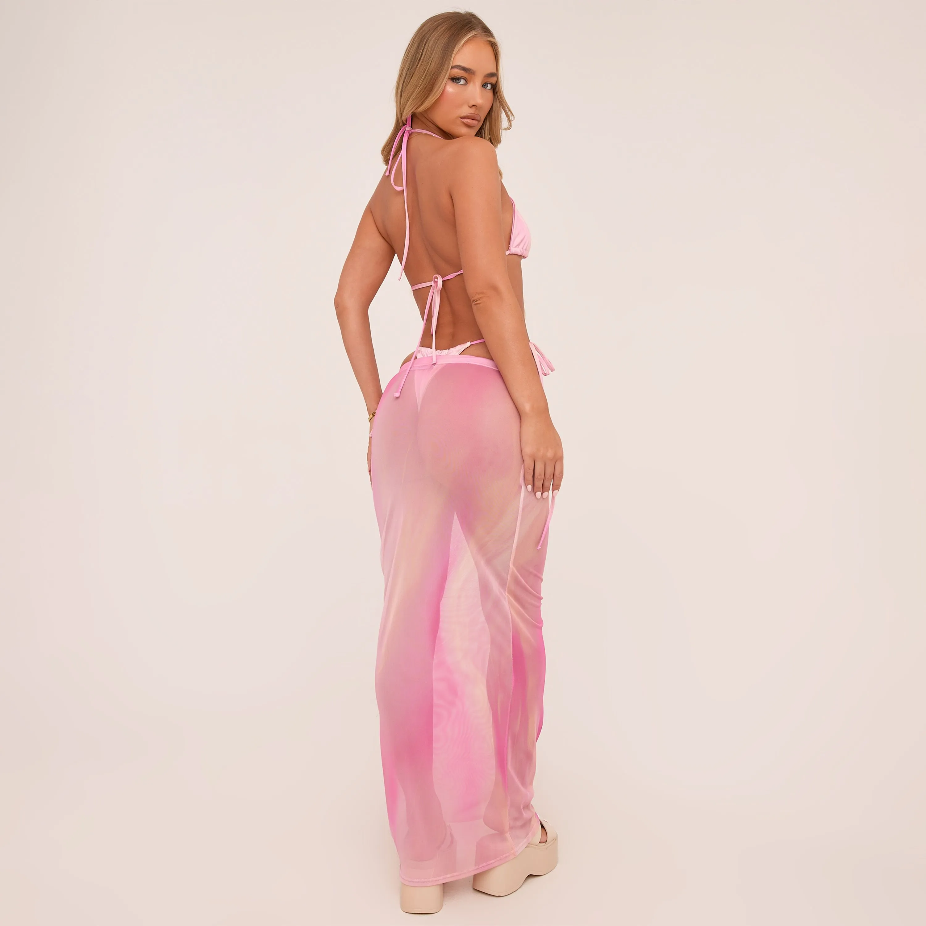 Low Rise Beach Maxi Skirt In Pink Abstract Print Mesh