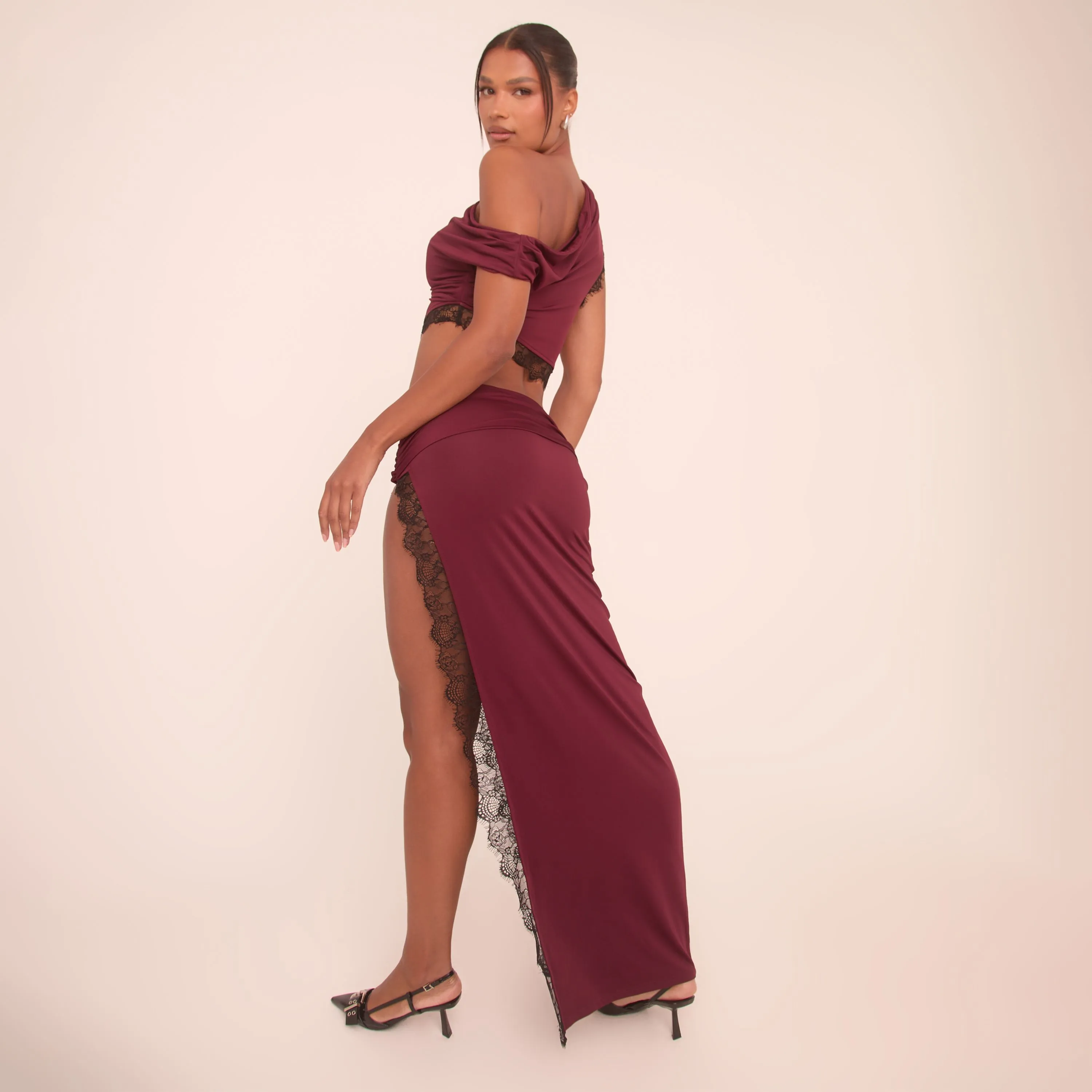 Low Rise Lace Trim Detail Split Leg Maxi Skirt In Burgundy Slinky