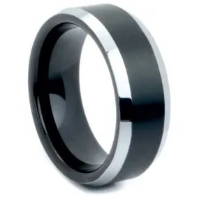 Men's Black two-tone tungsten band with matte finish center and polished bevel edges.