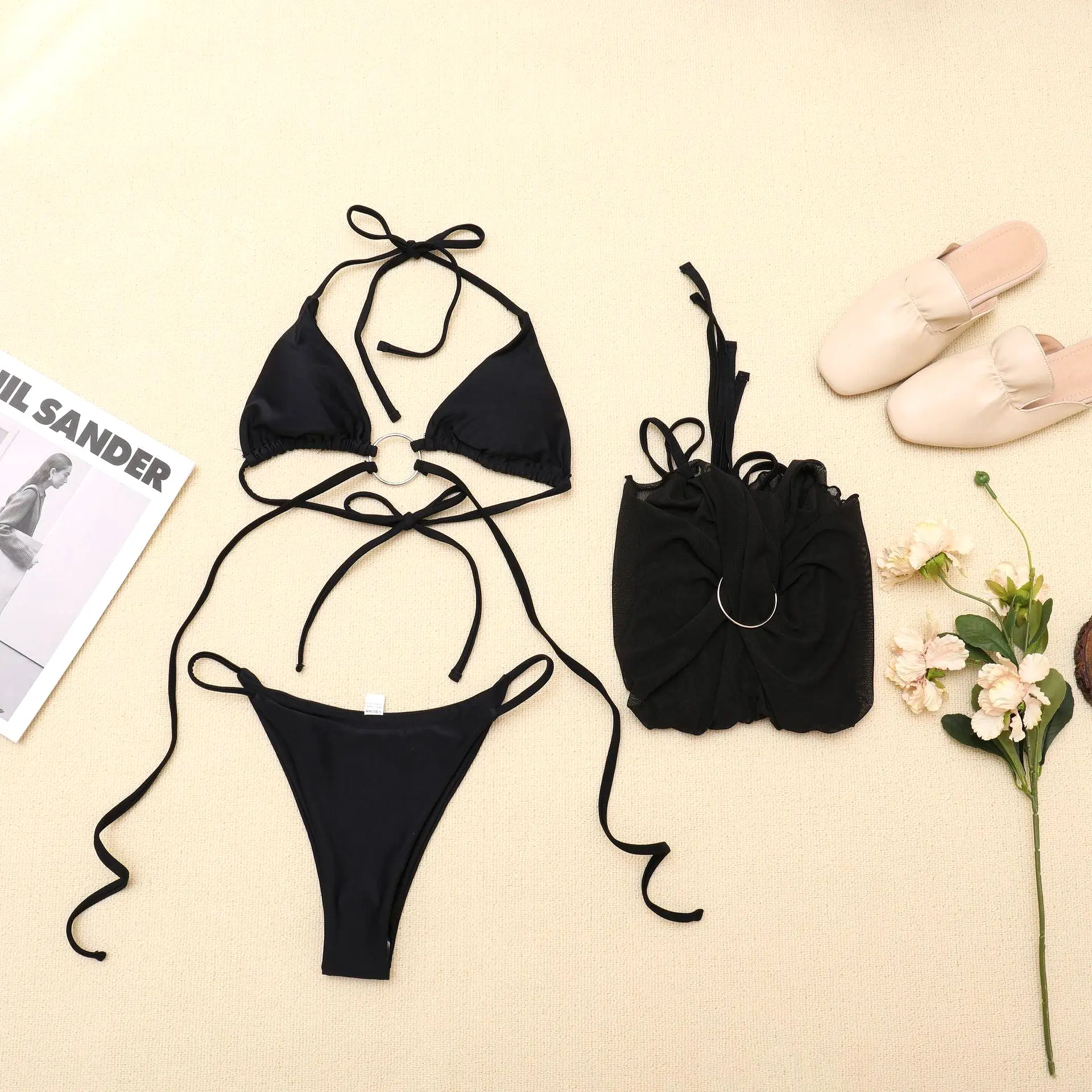 Mesh Black Bikini Swimwear Three Pieces Set