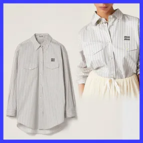 MiuMiu  |Stripes Casual Style Long Sleeves Cotton Elegant Style Logo