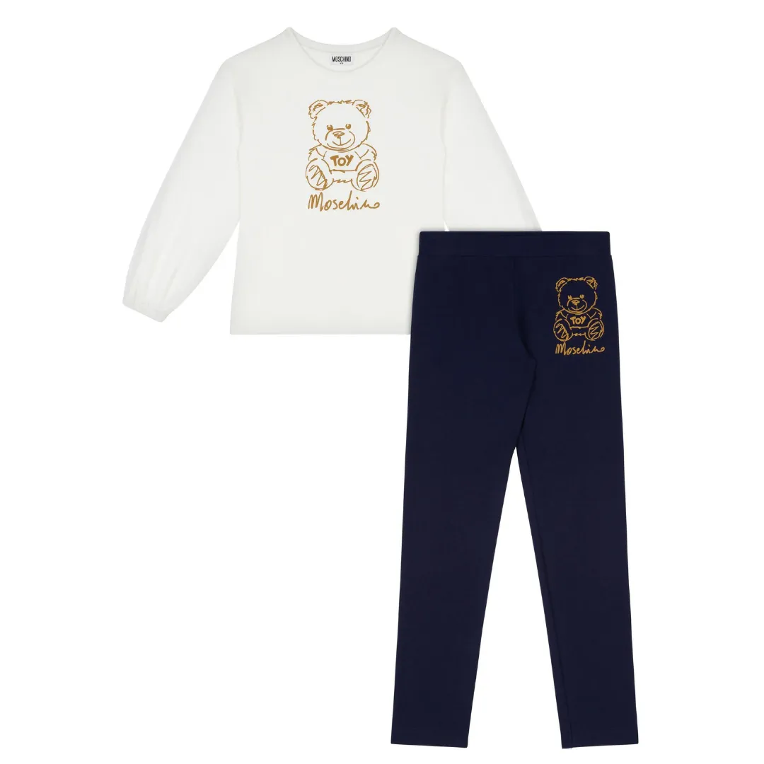 Moschino Set Long Sleeved T-Shirt And Legging Set Bear Logo Blue And White